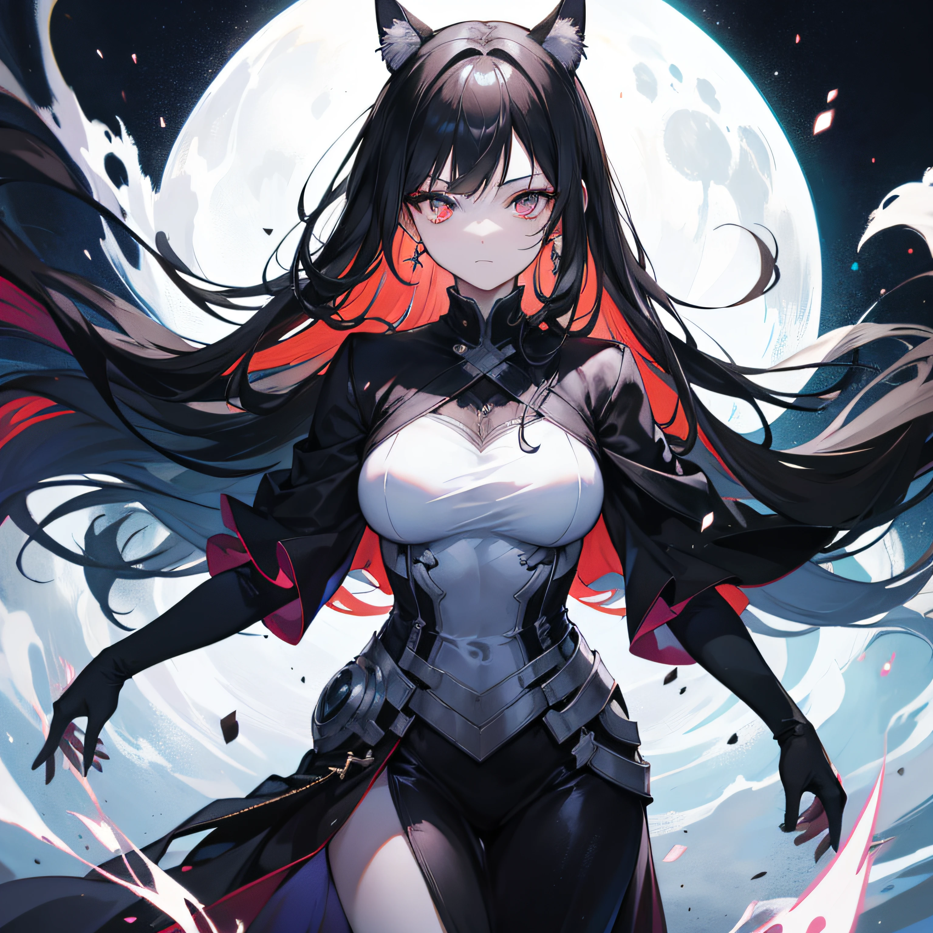 An older woman with stark-black hair, with glowing white eyes. Evil and Powerful, with a flowing dress.