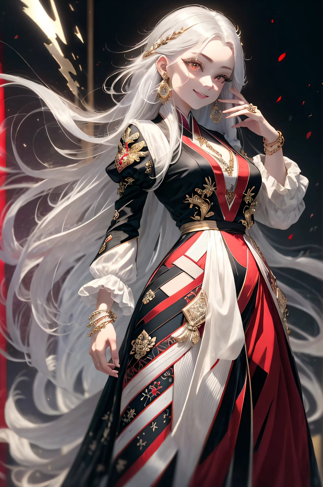 (simple hands:0.5)+(detailed hands:0.7), (masterwork), (best quality), white hair, red eyes, oriental dress, knight, 1girl, pale skin, white hair, red eyes, two tone hair, eyelashes, bracelet, jewelry, smile, gleaming skin, shiny hair, detailed and majestic stage, Fantasy, Long Hair, 1 girl, full body, colorful dress,