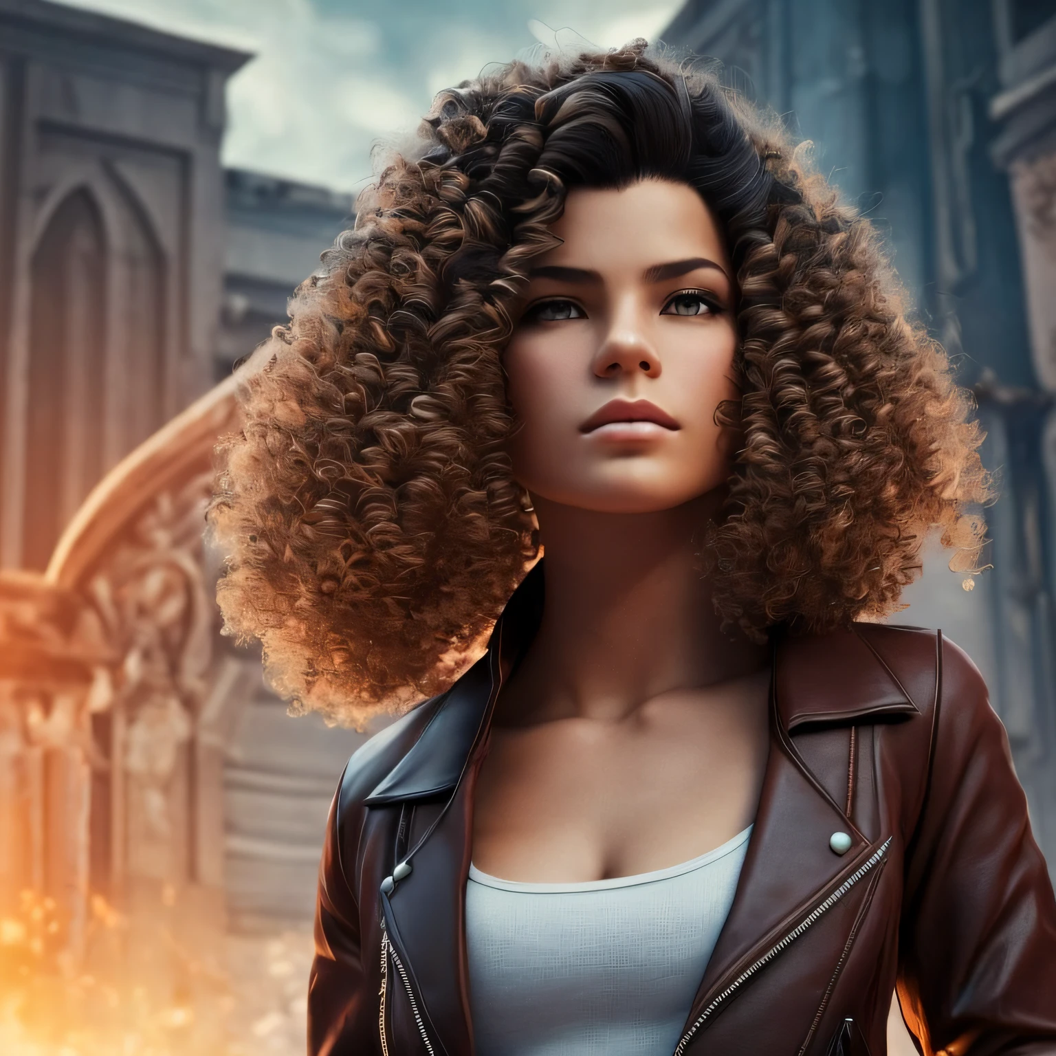 Create a visual frontal image centered image of a man, wearing a leather jacket and the other half of the image with a more elegant outfit symbolizing the rebellious side with the archetype side of the ruler, curly hair MEI orange with brown head lowered with tone of mystery. Realist Image, Render 8X, Full HD