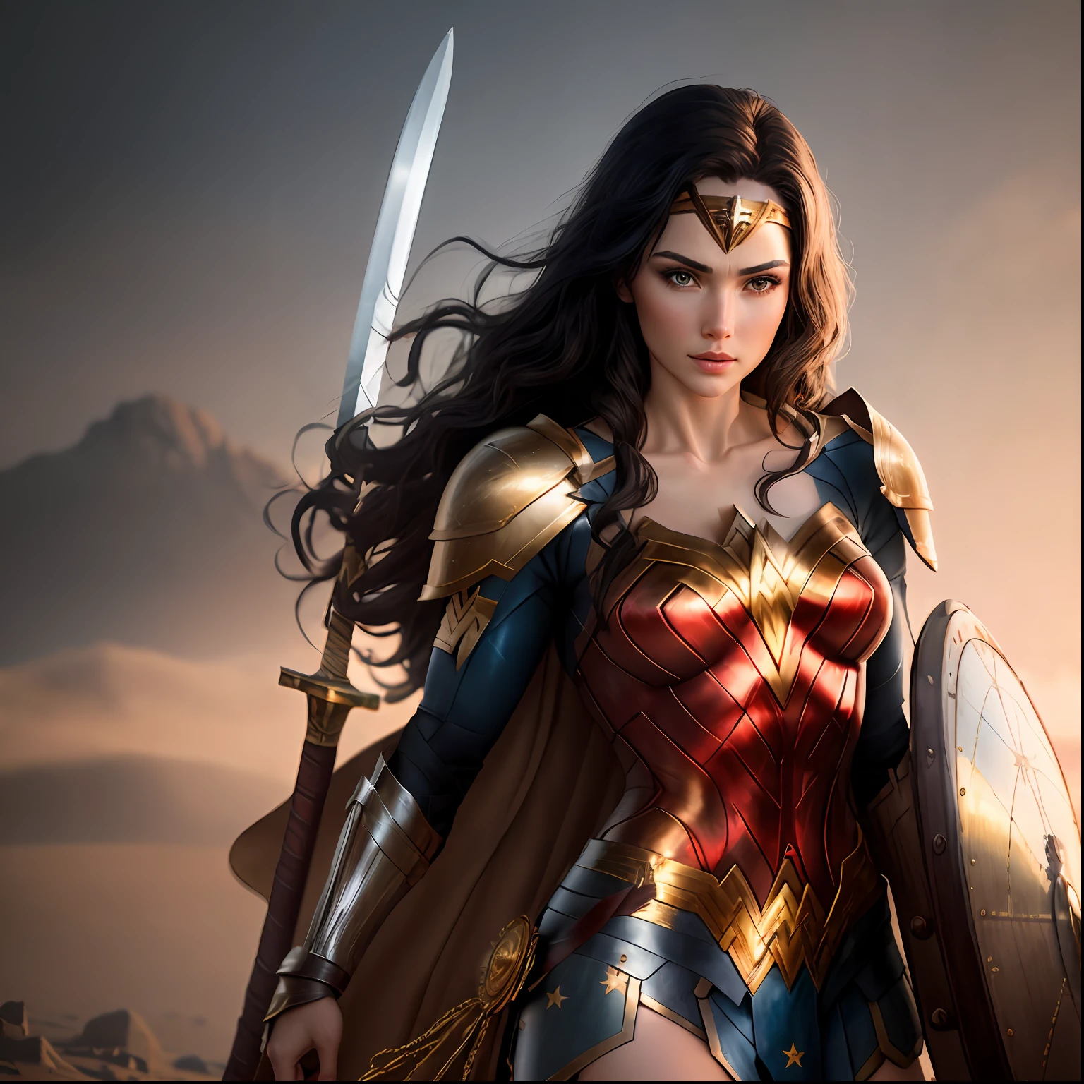 Wonder Woman, white and gold armor, sword, shield and golden bow, (8k, RAW photo, best quality, masterpiece: 1.2), ultra-detailed, (highly detailed skin: 1.2), 8k uhd, dslr, soft lighting, high quality