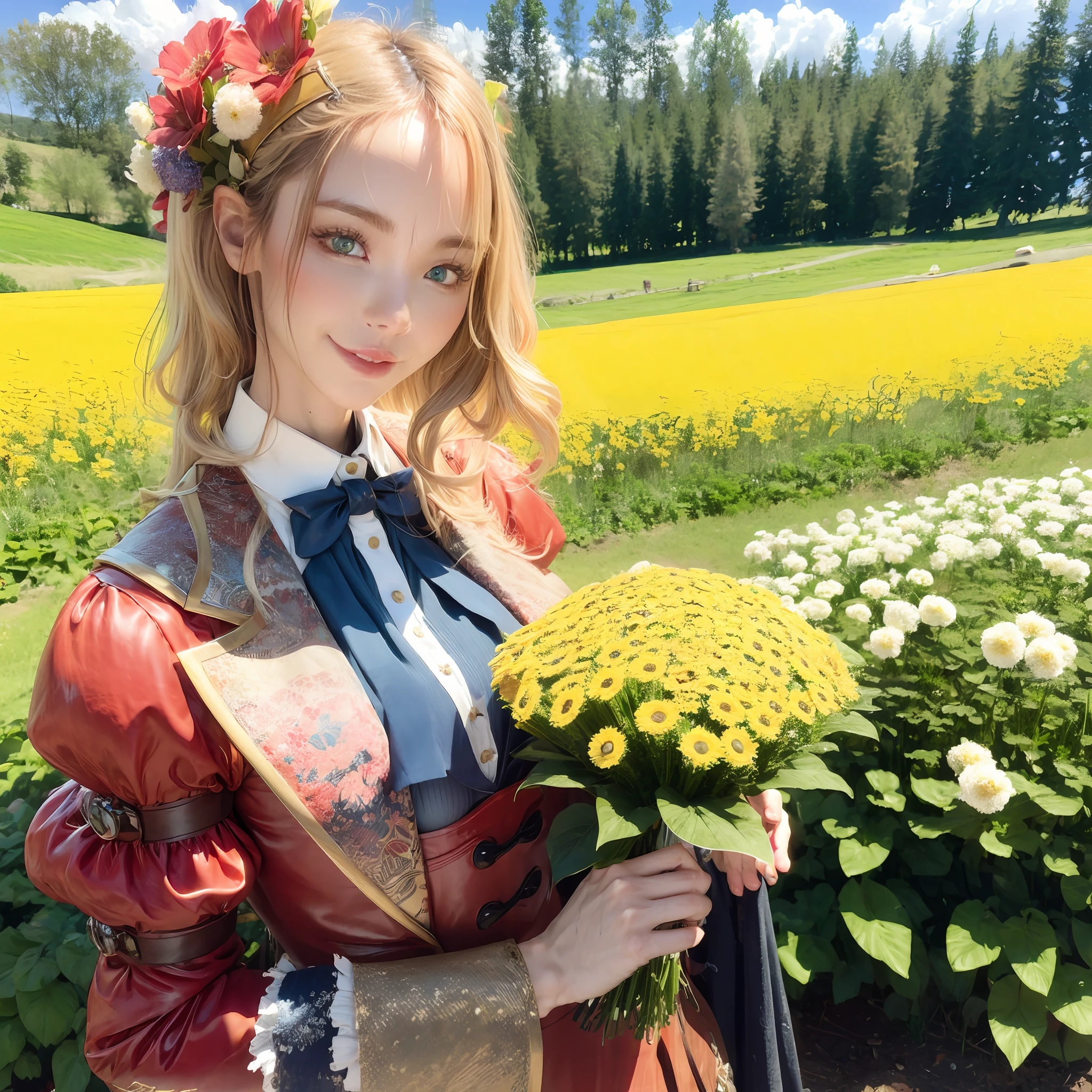 Steampunk girl in field blonde hair flowers:1.2