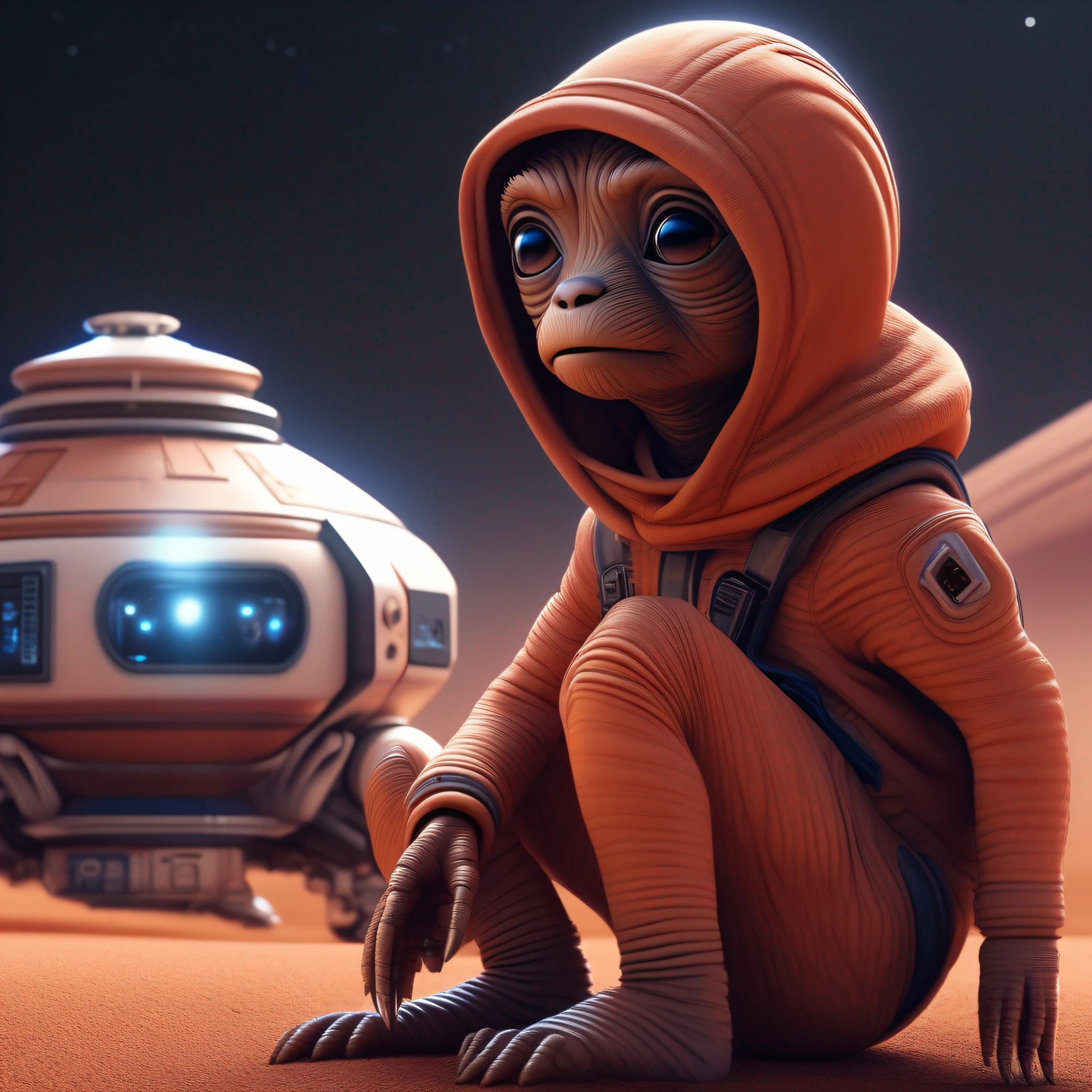 "E.T., cute, shibi style, next to his spaceship, on the planet Mars, in high resolution 8k."
