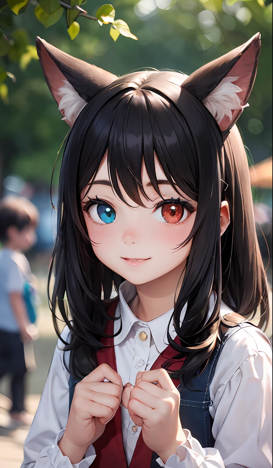 crianças brincando no parque com palhaços e robôs, black hair, heterochromia, red eyes, diamond-shaped pupils, fake animal ears, smelling, light smile, high detail, Carl Larsson, anime style, depth of field, cinematic lighting, reflection light, bloom, backlighting, fading border, isometric, multiple views, Canon, Fujifilm, 135mm, Sony FE GM, masterpiece, high quality, 8k