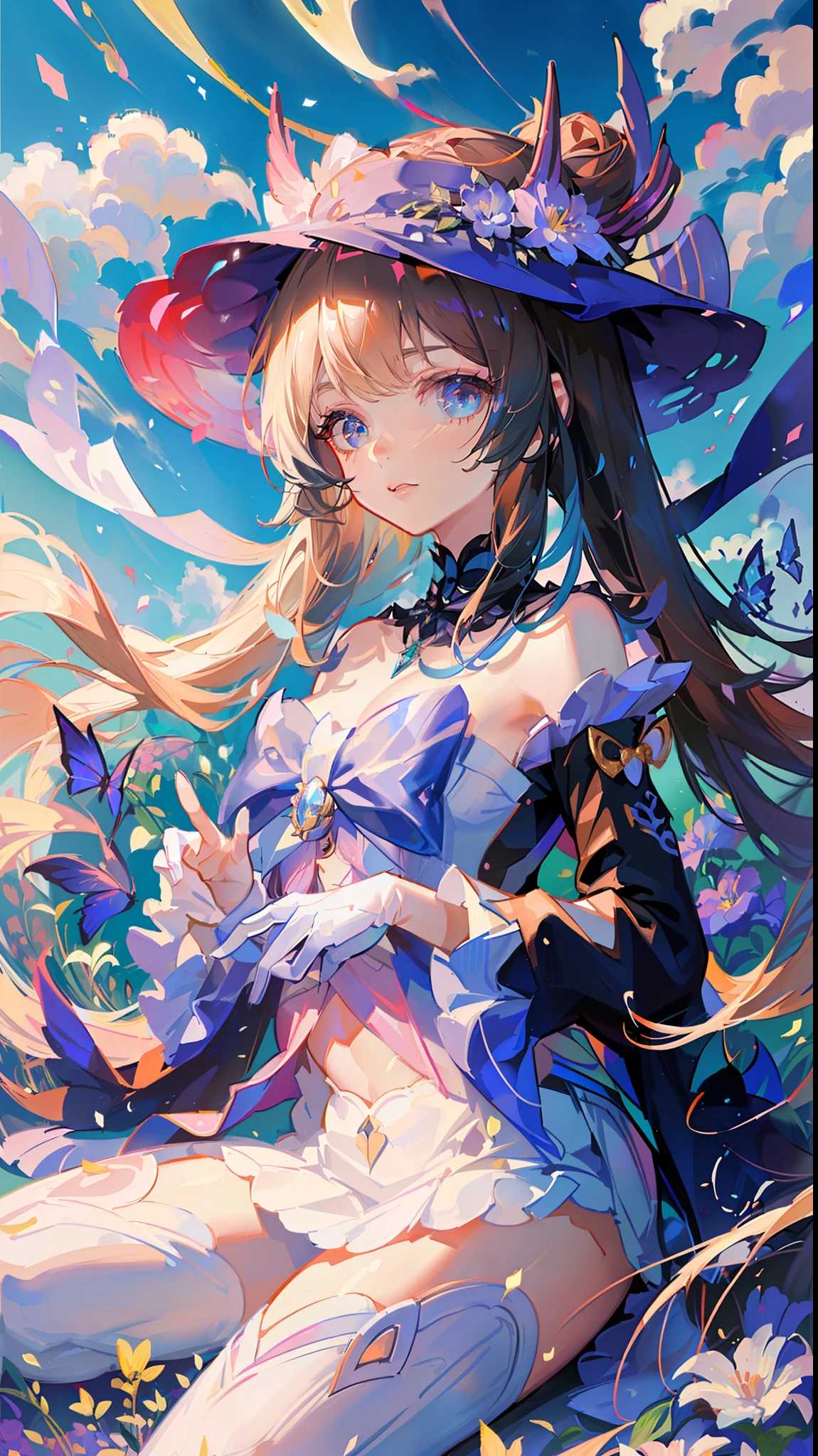 Transparent dress, (transparent material), super gorgeous, extreme multiplication, shiny crystal, cinematic lighting, curly hair, Roman curls, frills, cloudy, alice in wonderland, dramatic composition, extreme detail, high resolution, lolita dress, bow, pearl necklace, lace gloves, bow, ribbon, floating, levitating, flying, misty, dotted, dreamy, (transparent fabric), layered yarn, ((transparent gauze skirt)))