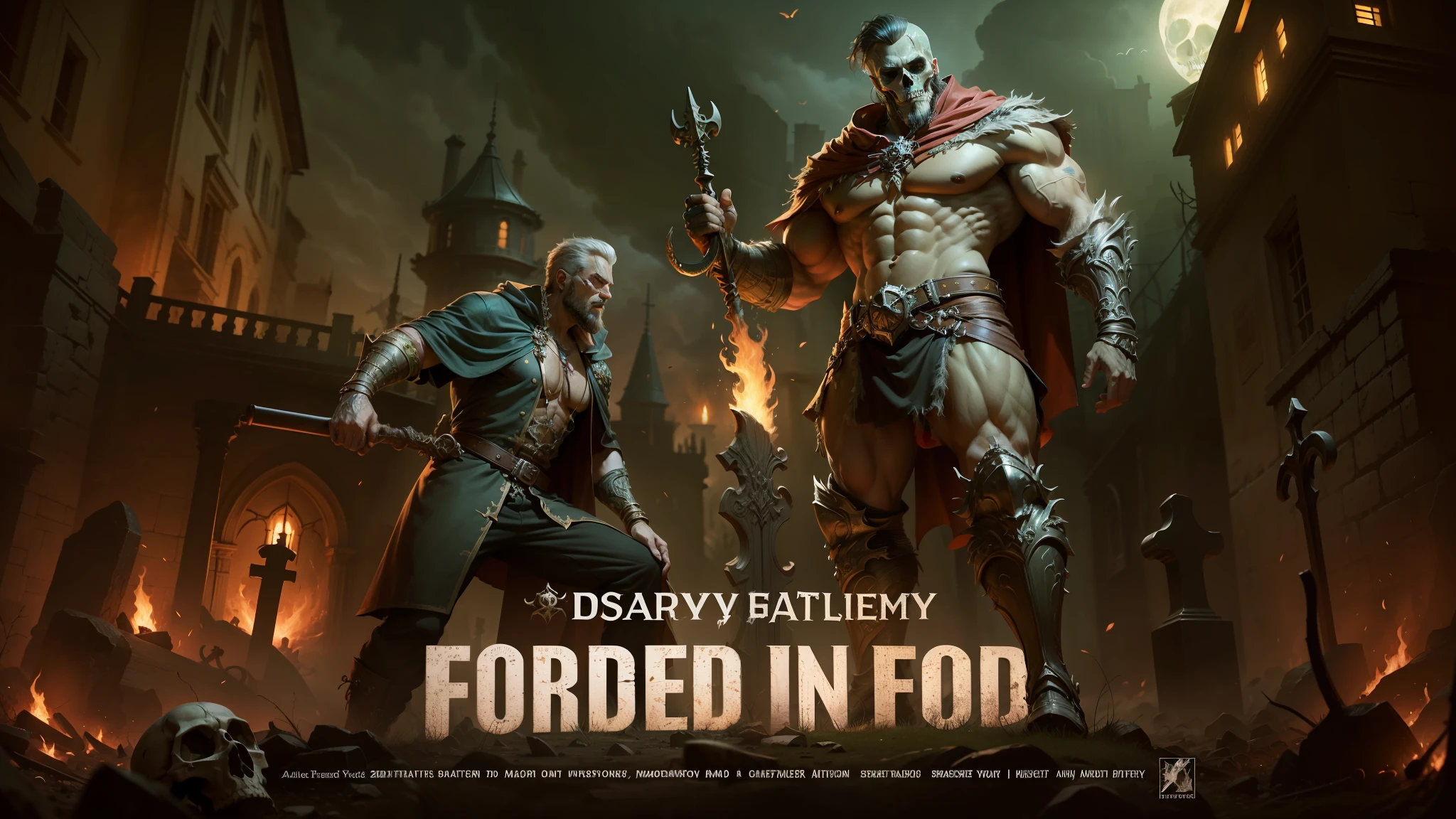 Best quality, masterpiece, ultra high res,detailed background,realistic,hadesstyle,solo,male,mature,bara,muscular,mature male,short hair,facial hair,wizard,necromancer,graveyard,skull,green fire,horror \(theme\),dark fantasy,evil,cape,depth of field --auto