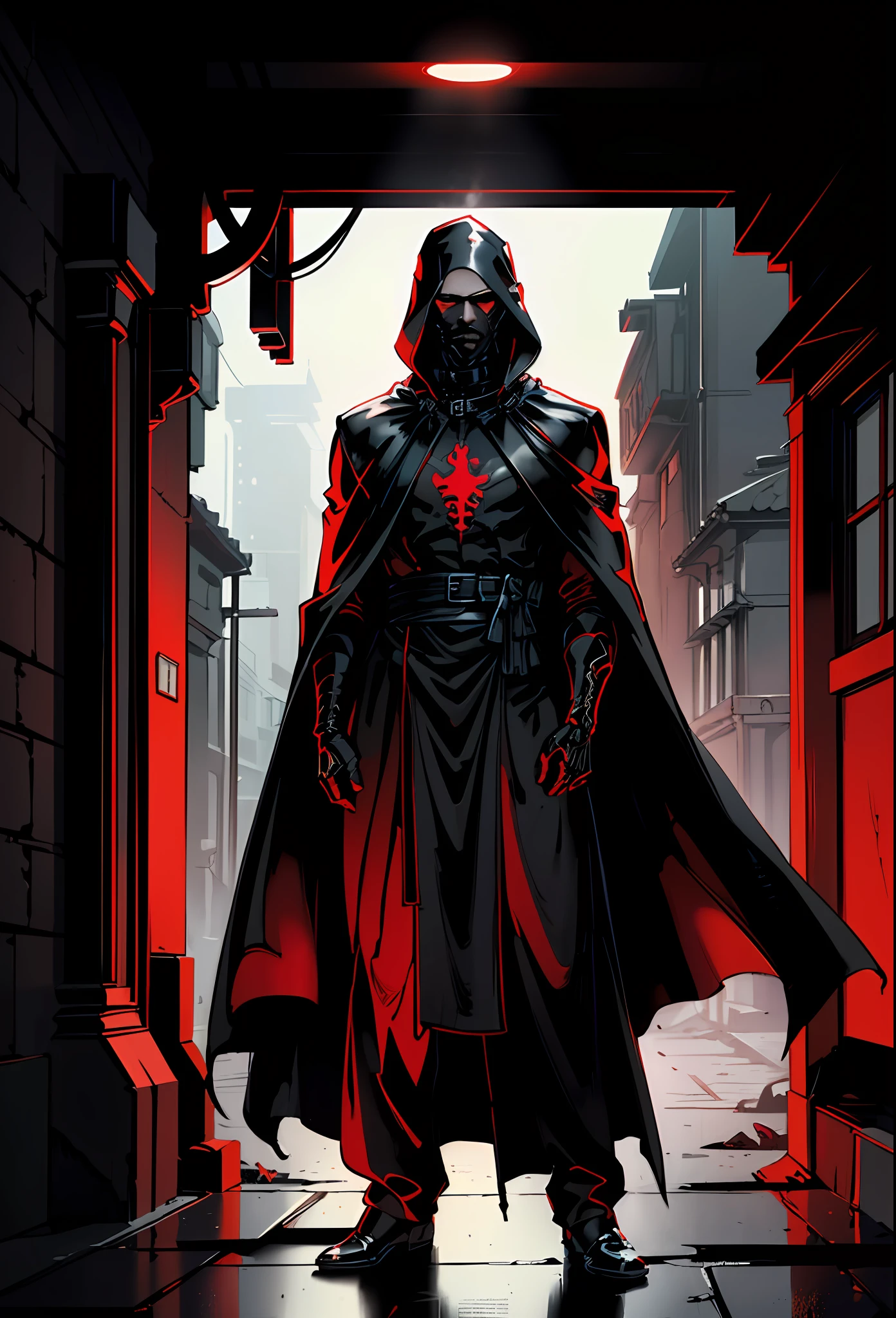 (
(Role: A boy, pale skin: 1.3, ancient hair, tattoos: 1.3, calm expression, slimming: 1.4), short, (with bo: 1.3)
(Costume: Black Robe Cloak: 1.3, Gota, Collar: 1.4)
(Pose: Full body lens: 1.5)
(Background: dark alley, strong city lights in background, foggy, night, black and red color scheme)
(Style: (Best Quality)), ((Masterpiece)), (Facial Detail: 1.4), Photorealism: 1.3, Surreal)
)