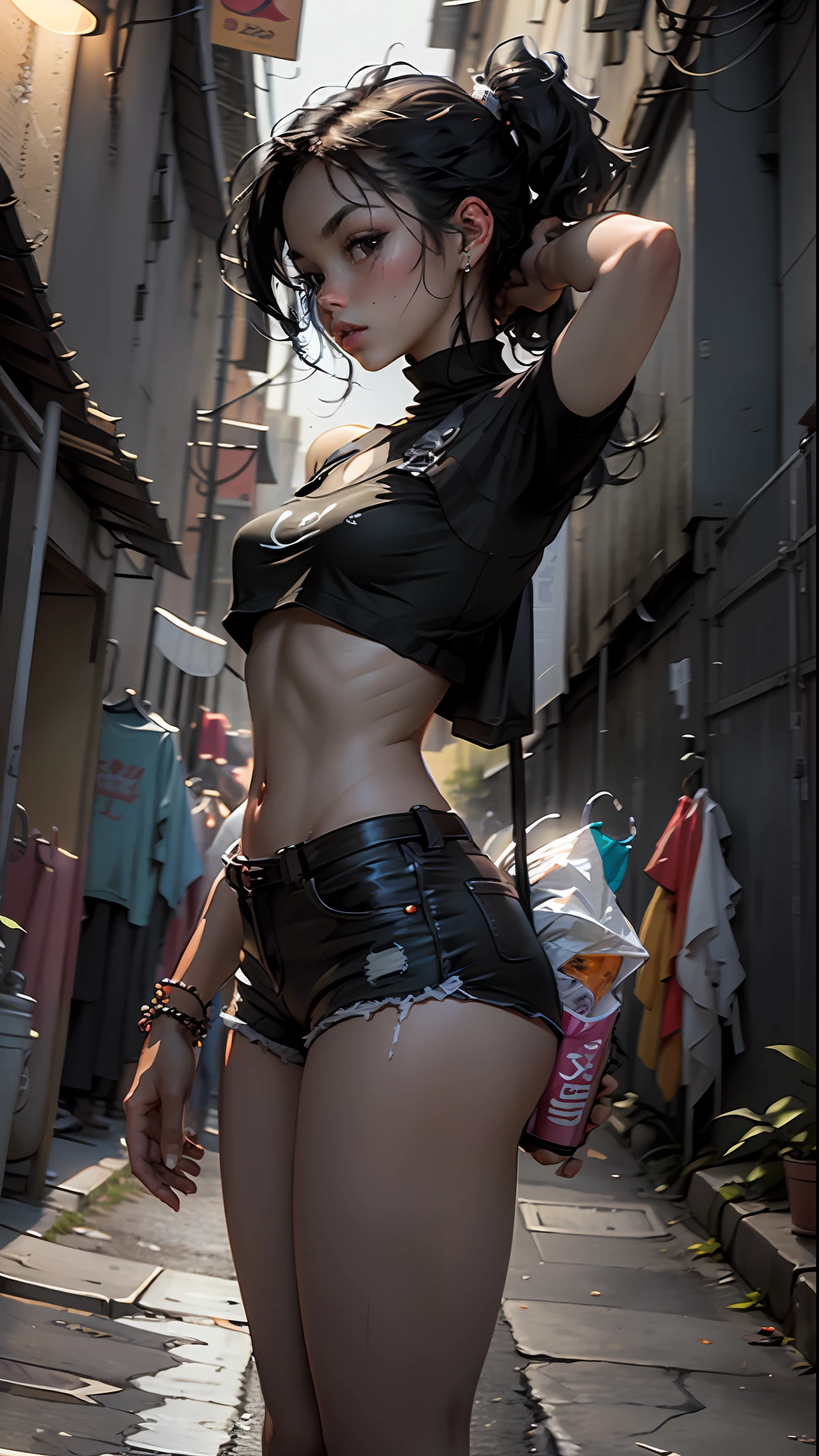 Definition of the woman's body black hair, thick oxas, body parts, short shorts, street at night, dark scene.