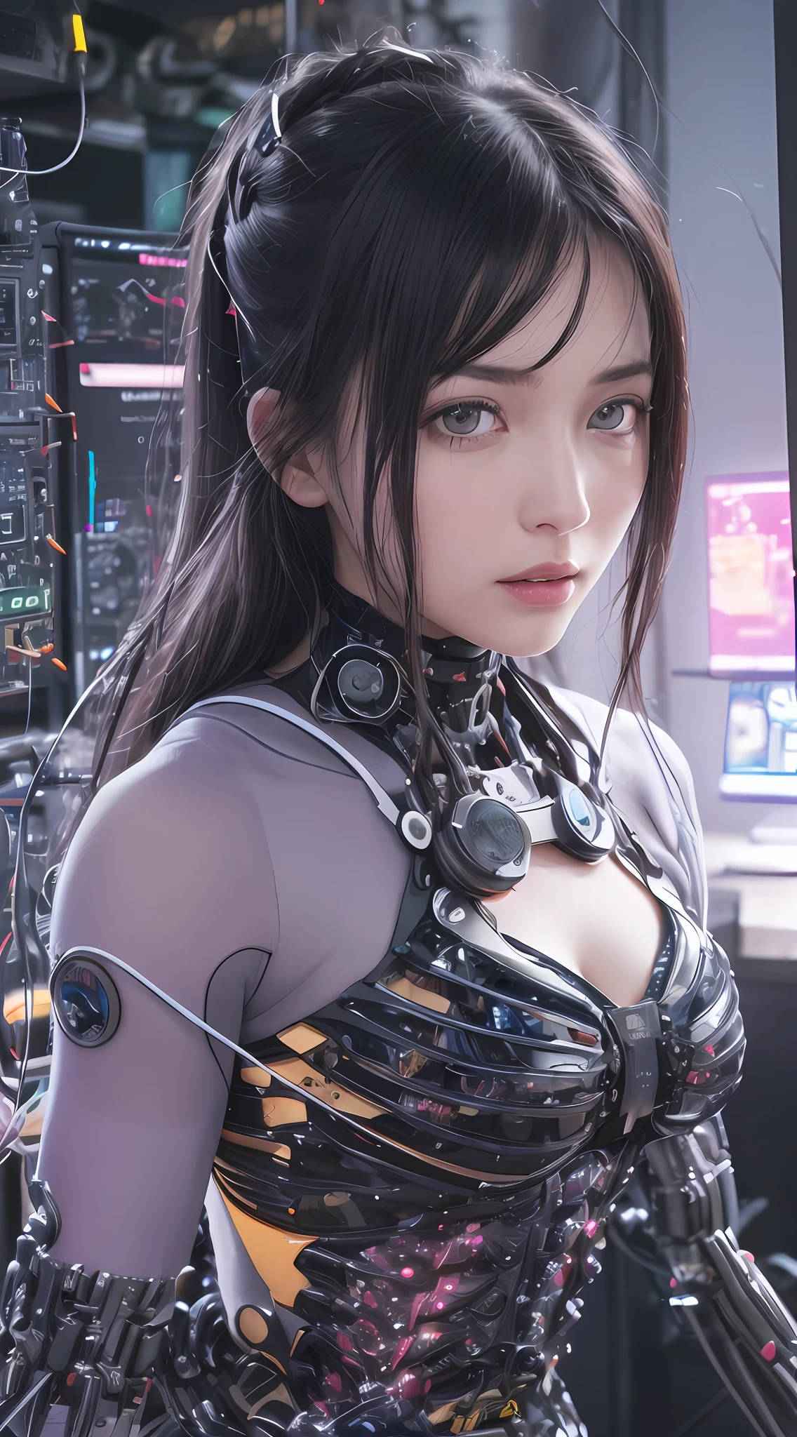 (Masterpiece, Best Quality, Beautiful Girl, Pretty Face:1.2), Solo, 8K,Raw Photo, Incredible Absurdity, Crop Top, View Viewer, , Face Light, Film Grain, Chromatic Aberration, Sharp Focus, Dynamic Lighting, Movie Lighting, Best Quality, Masterpiece, Ultra High Definition, (Photorealistic: 1.4), Raw Photo, 1 Girl, Black Hair, Glossy Skin, 1 Cyberpunk Girl, (((Ultra Realistic Details)), Portrait, Global Illumination, Shadows, Octane Rendering, 8K, Ultra Sharp, Glossy Skin, Realistic Skin, Big, Cleavage Exposed Raw Skin, Metal, Intricate Ornament Details, Evangelion Details, Very Intricate Details, Realistic Light, CGSoation Trends, purple eyes, glowing eyes, facing the camera, neon details, mechanical limbs, blood vessels connected to tubes, mechanical vertebrae attached to the back, mechanical cervical attachment to the neck, sitting, wires and cables connecting to the head, electronic board, digital circuits, CPU, lots of small LED lamps, the background is a futuristic server room,
