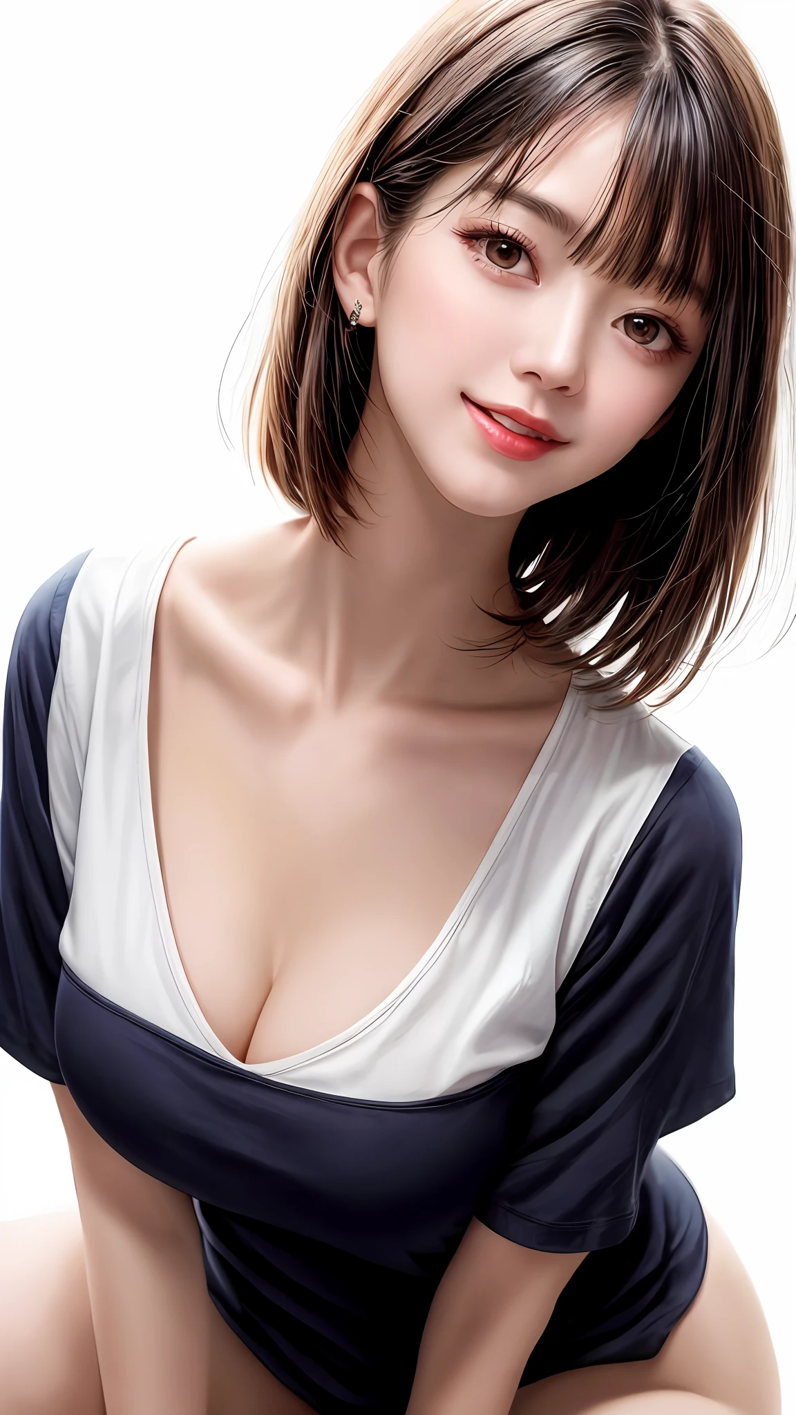 Pee (incontinence: 1.47), fashion trendy beautiful and attractive woman, gentle and attractive Chinese beautiful woman, Korean (kpop idol), delicate and sexy collarbone, attractive oval face, double eyelids, smart [peach] flower eyes, pink lips, small nose, bare shoulders, focus on face, [[face close-up], ultra high definition, super detail, White off-shoulder lace shirt, (((white lace panties), fresh and impressive, natural (large: 1.25), (kneel on the ground), (legs wide open), (legs spread), (from a low angle), (upright 1.5), (shiny skin: 1.4), (low angle)), perfect figure, areola, cleavage, armpit wrinkles, (floor urine)), (NSFW: 1.05), ( Showpiece, top quality, high precision)), one girl, (big, photorealistic: 1.4), (slightly above the camera, looking up at the camera, looking up, looking up at the camera, staring at the camera))), solo, solo, white background, snow-white background, mouth closed, happy smile, pretty black hair, short hair, big eyes, pronounced double eyelids, eyelashes, ears out, long neck, long neck, Absolute area, ((close-up of face, short hair with bangs)), 19 years old, attractive proportions, shiny skin, clean collarbone, golden ratio face, perfect face, teardrop mole, chest mole, bangs, clean bangs, beautiful bangs, lip gloss, thin lips, white skin, undressed, big breasts, small face, staring at the camera a little upwards, ((smiling a little at the camera, really nothing pure white background, very big, big big, big breasts)), ((((uniform, shirt))))