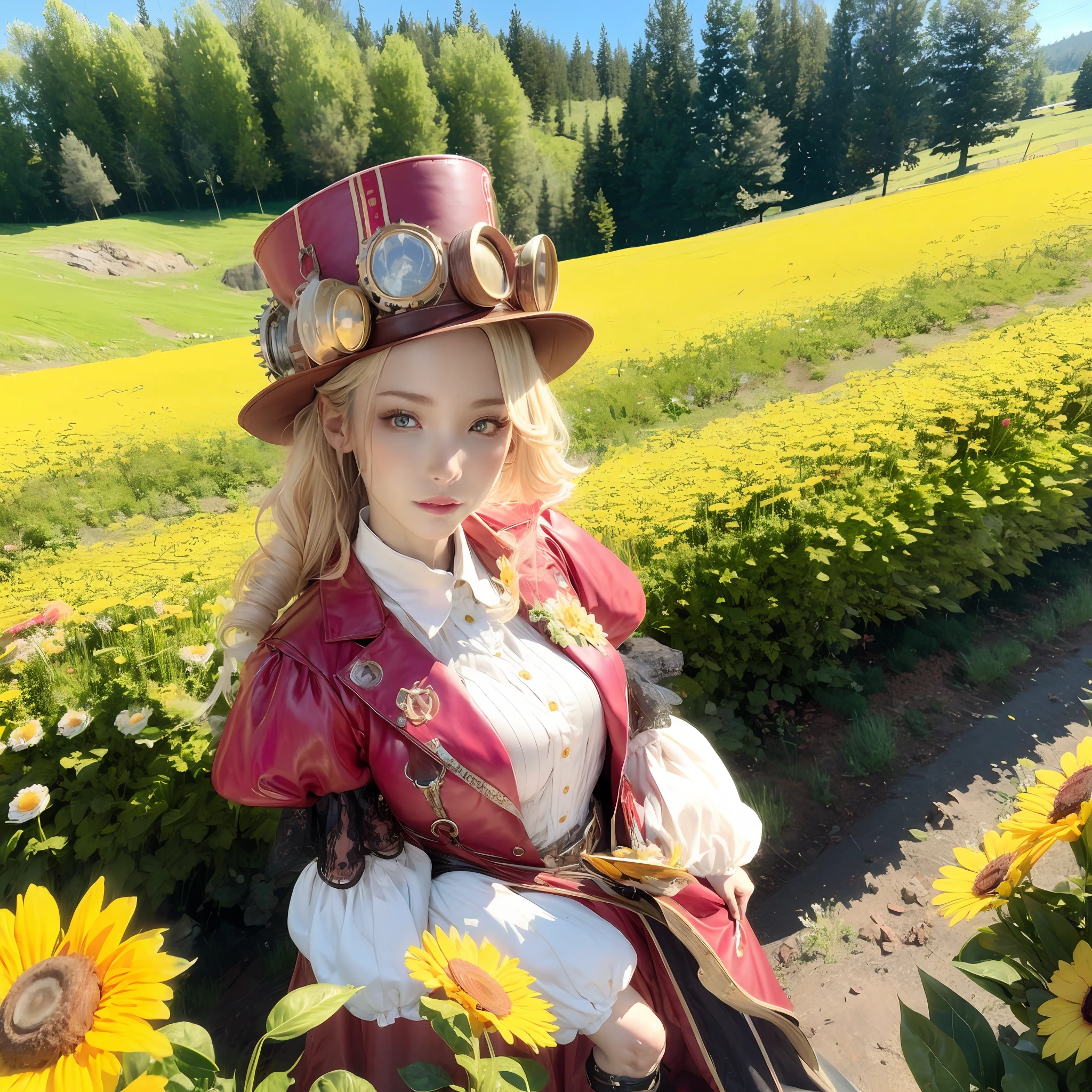 Steampunk girl in field flowers blonde hair:1.2