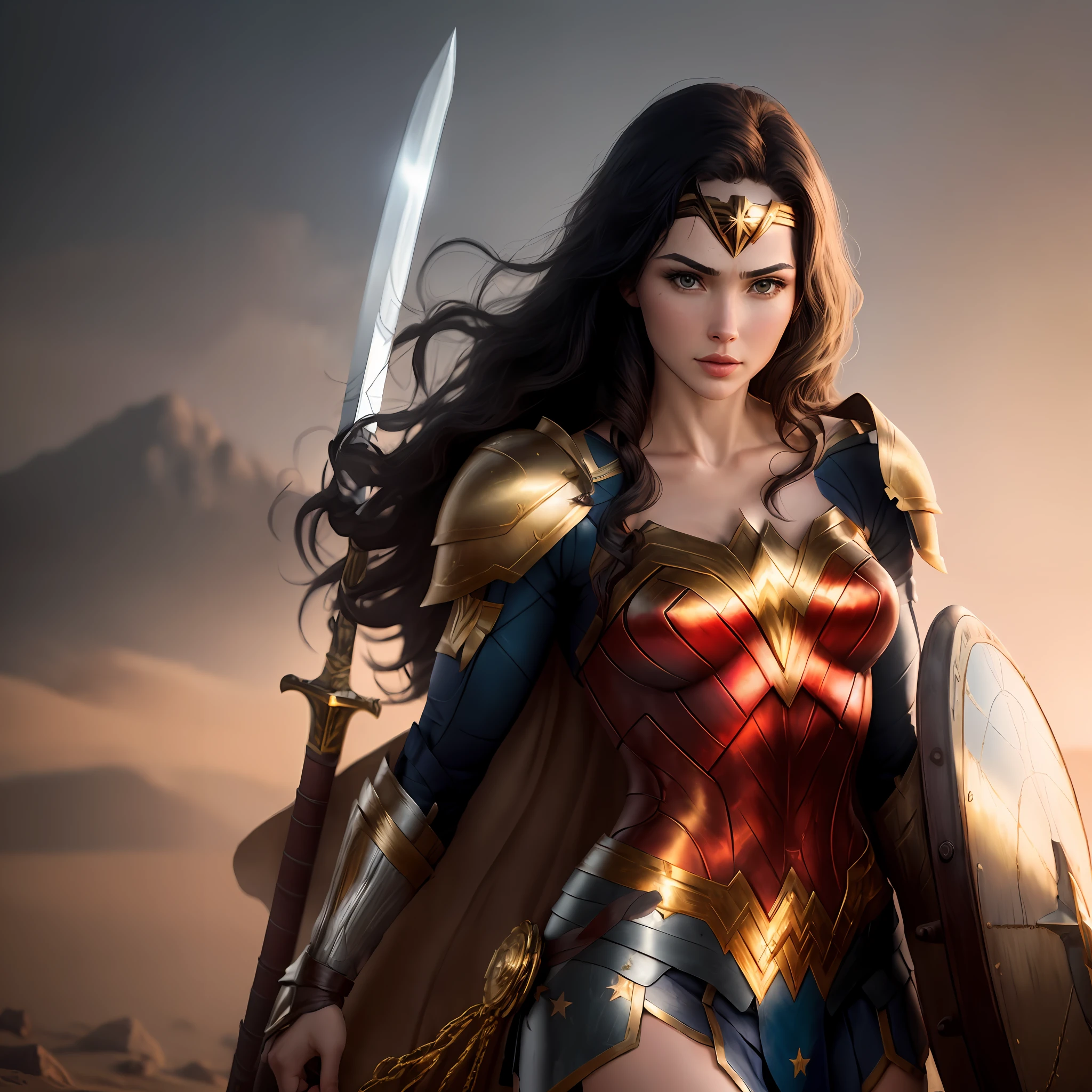 Wonder Woman, (((white and gold armor)))), sword, shield and golden bow, (8k, RAW photo, best quality, masterpiece: 1.2), ultra-detailed, (highly detailed skin: 1.2), 8k uhd, dslr, soft lighting, high quality