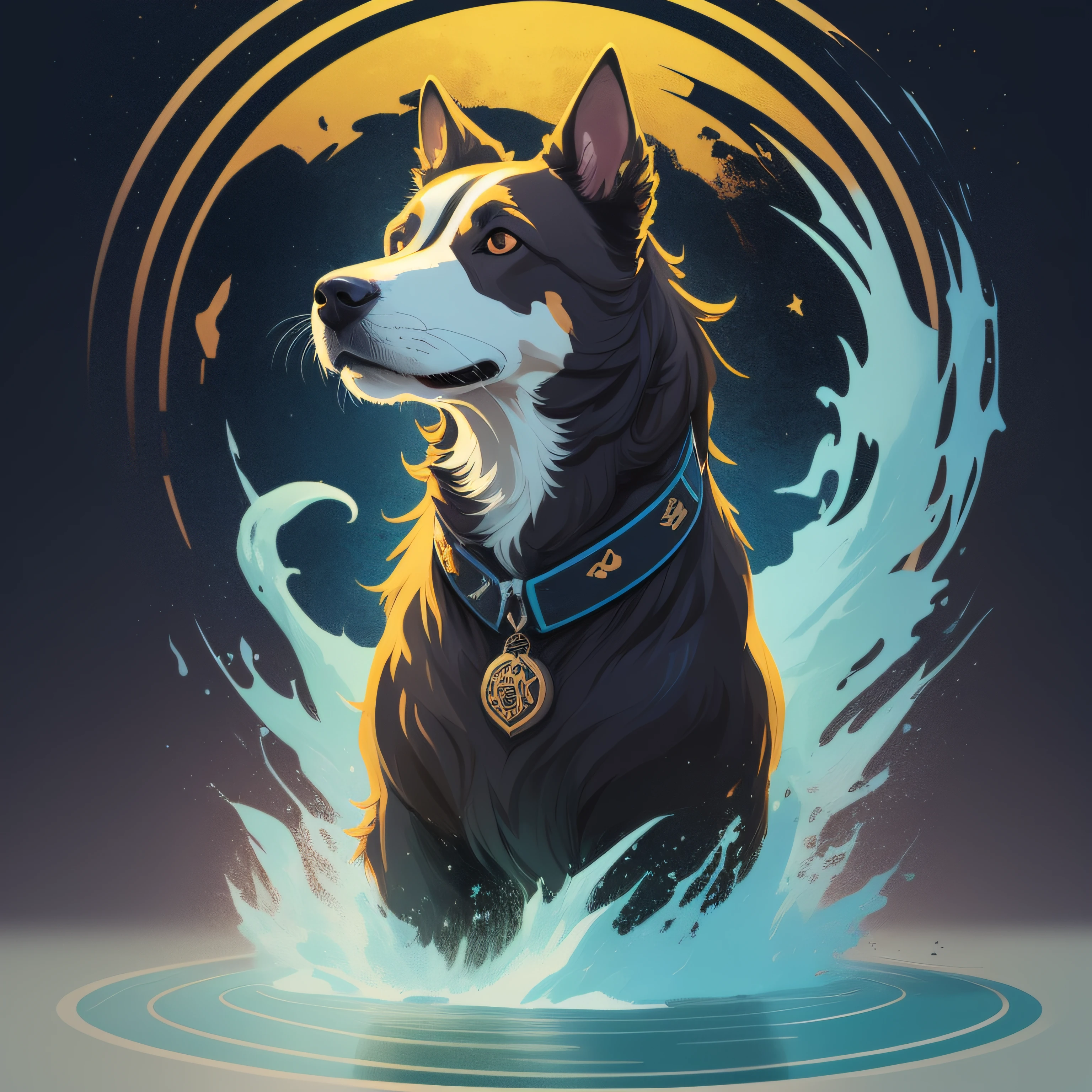 [brown dog] Heraldic silhouette, logo masking style illustration, by dan mumford, by greg rutkowski, by james jean, black background, fantasy art, mysterious, realistic, majestic, rich vibrant colors, high contrast, seamless water brand, artstation, deviantart, dribble, redbubble, teepublic, sharp focus, simple, hyper detailed, detailed drawing, vectorize, outline, isometric style, 8k."