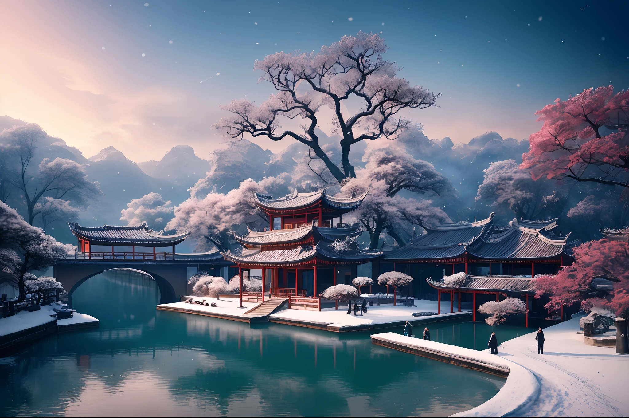 masterpiece, best quality, high quality, extremely detailed CG unity 8k wallpaper, classical chinese garden, scenery, amsterdam, winter,((snowing)),outdoors, sky, day, landscape, water, tree, blue sky, waterfall, nature, lake, river, cloudy sky,award winning photography, Bokeh, Depth of Field, HDR, bloom, Chromatic Aberration ,Photorealistic,extremely detailed, trending on artstation, trending on CGsociety, Intricate, High Detail, dramatic, art by midjourney