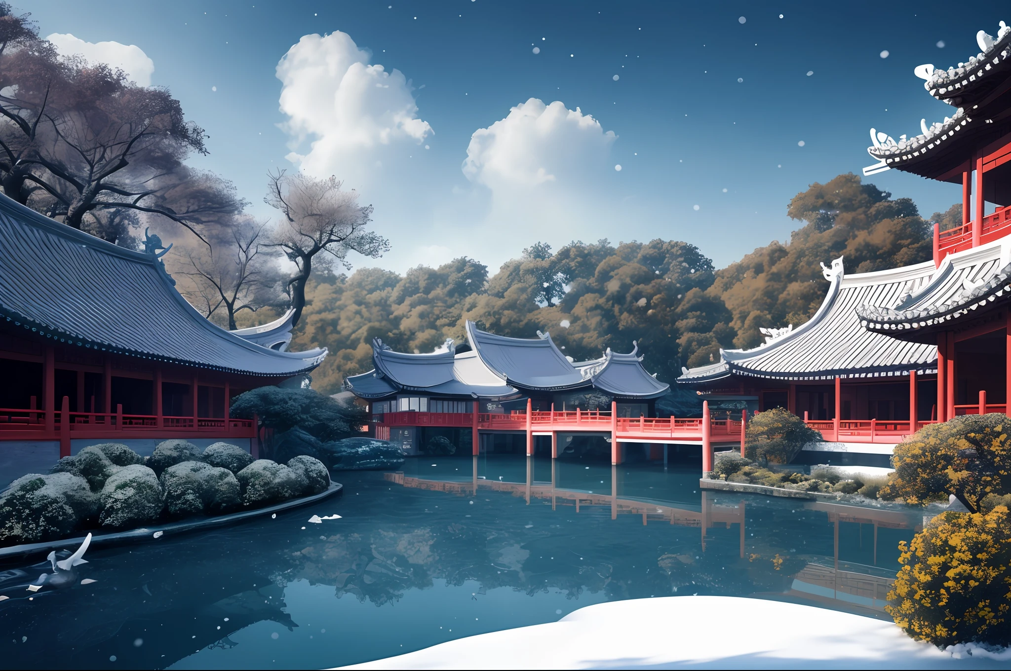 masterpiece, best quality, high quality, extremely detailed CG unity 8k wallpaper, classical chinese garden, scenery, amsterdam, winter,((snowing)),outdoors, sky, day, landscape, water, tree, blue sky, waterfall, nature, lake, river, cloudy sky,award winning photography, Bokeh, Depth of Field, HDR, bloom, Chromatic Aberration ,Photorealistic,extremely detailed, trending on artstation, trending on CGsociety, Intricate, High Detail, dramatic, art by midjourney