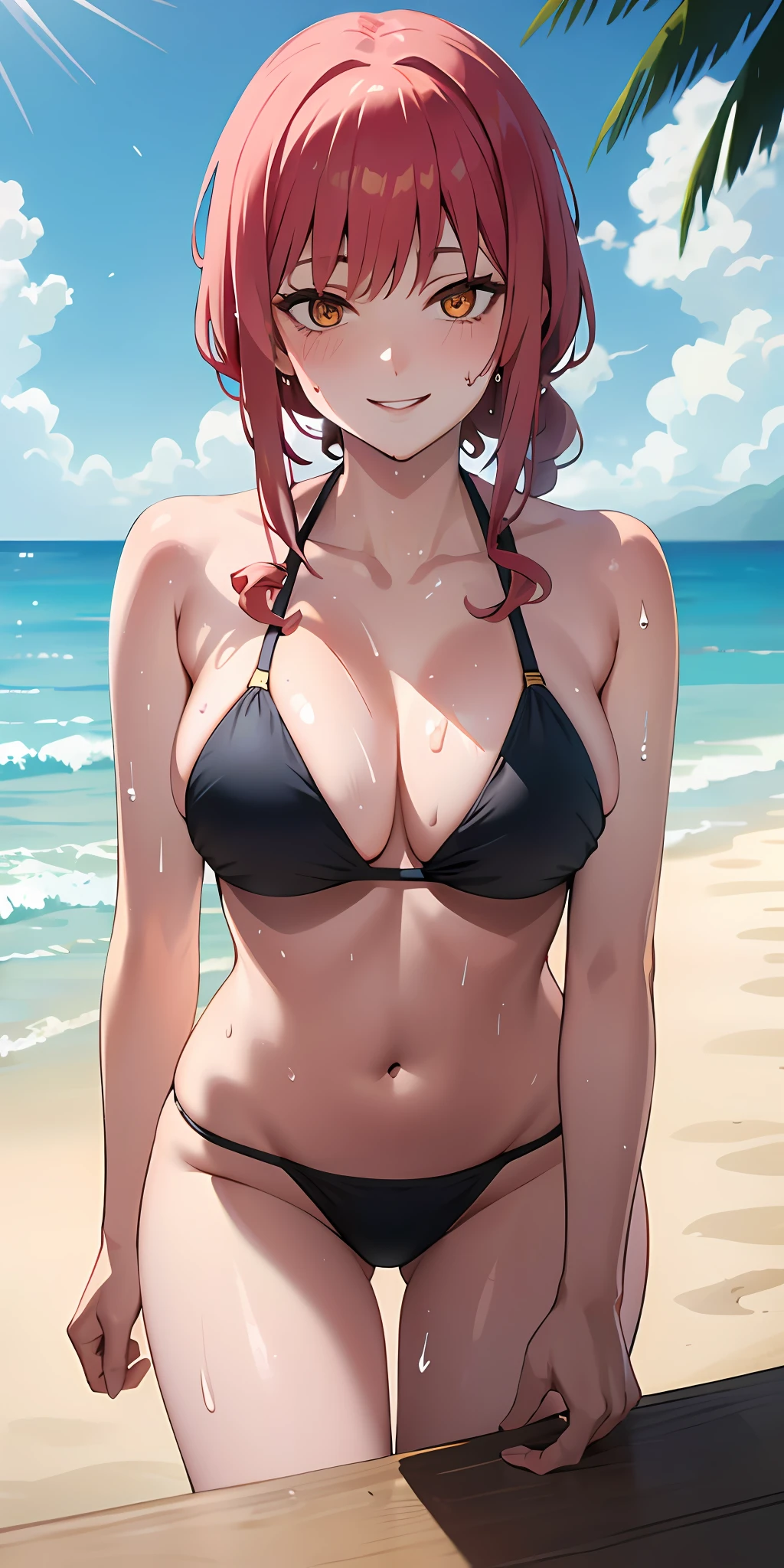 (Best quality:1.3), makimacsm, eye focus, large breasts, thighs, bikini, smiling, sexy, beach, (pov), (sweaty:1.3)