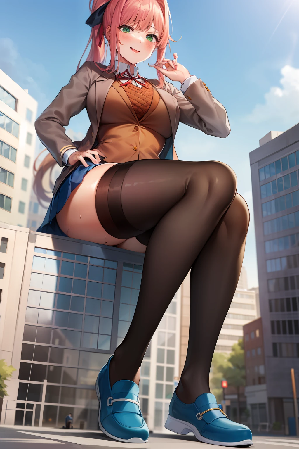 2d, masterpiece, best quality, anime, highly detailed, 1girl, solo, monika, green eyes, very long hair, ponytail, school uniform, straight-on, smile, (full body:1.5), giantess, smile, (from below:1.5), thick thighs, looking down at viewer, upskirt, (large breasts:1.3), field, (looming:1.3), mature female, high quality, hd quality, masterpiece, photorealistic, (presenting foot, shoe soles, close-up foot:1.3), intense angle, :d, (Sitting on Building:1.6), very low angle, female pervert, toragao, (sitting:1.5), (white undershirt, orange sweater:1.2), (brown jacket:1.4), (absolute territory, black thighhighs:1.4), (uwabaki:1.5), full body in frame, (GTSCity, buildings, city:1.3), blue skirt, (hand on building:2), (one hand at side:1.6), (licking lips, licking own lips:1.1), (sweat:1.2), anime girl sitting on a building with her legs crossed, hyperrealistic schoolgirl, realistic schoolgirl, a hyperrealistic schoolgirl, seductive anime girl, smooth anime cg art, thighs close up, thighs!!!, beautiful anime girl squatting, commission for high res, large thighs, extremely detailed artgerm, sitting on a building, on a building,