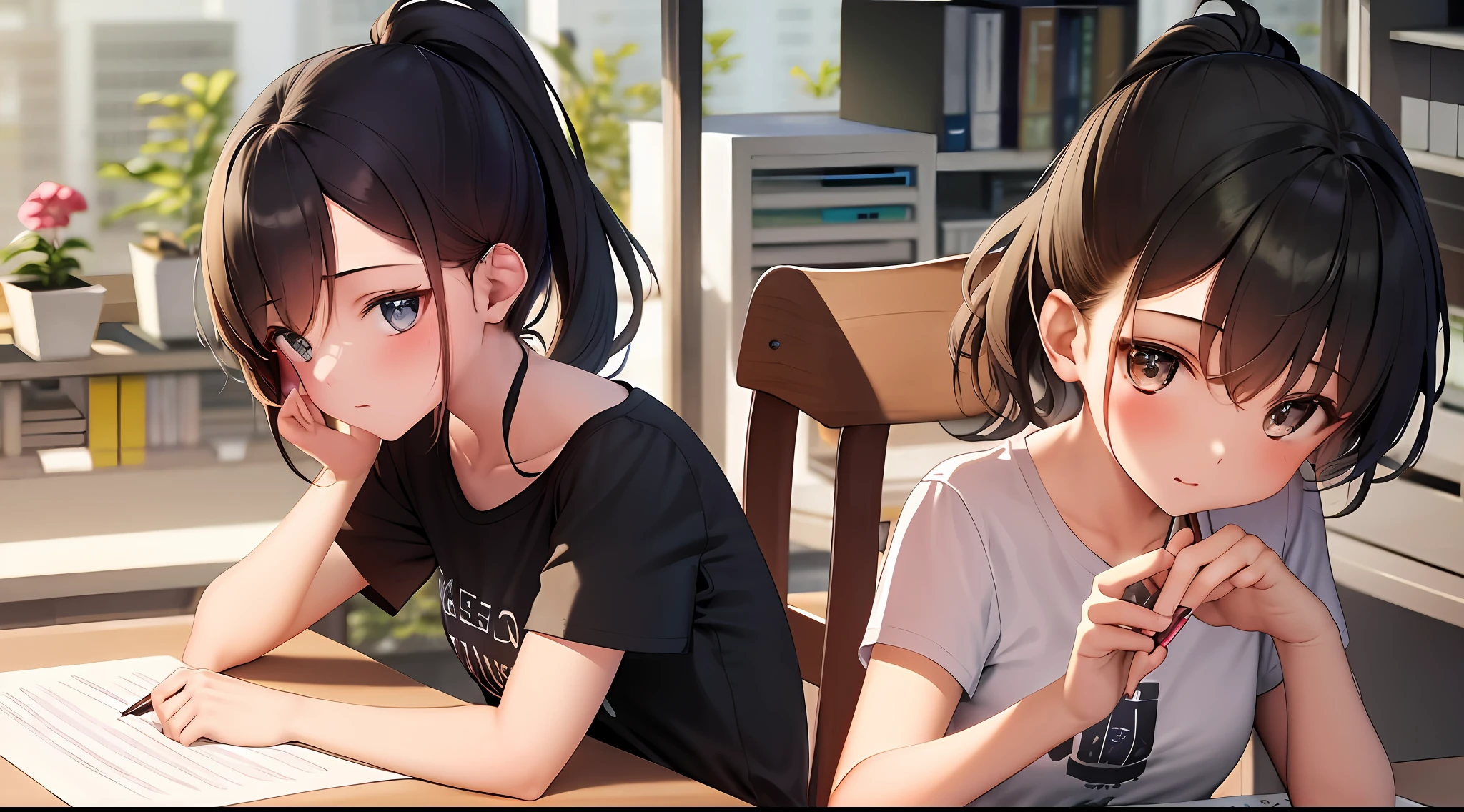 masterpiece, Best quality, High Resolution, One girl, Loose t-shirt, girl sitting on chair and studying drafting at desk,, studying seriously, paperwork, good luck studying, drafting, beauty, cute, paperwork, architect, high ponytail, face down on desk