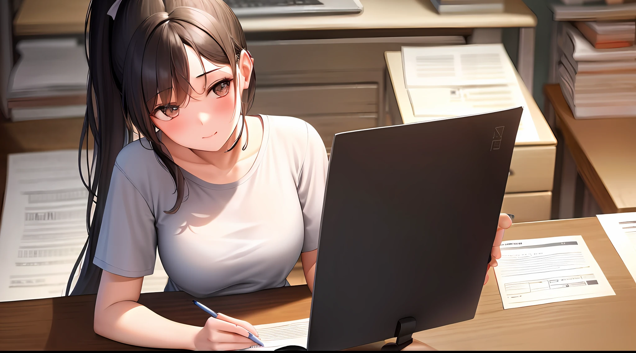 masterpiece, Best quality, High Resolution, One girl, Loose t-shirt, girl sitting on chair and studying drafting at desk,, studying seriously, paperwork, good luck studying, drafting, beauty, cute, paperwork, architect, high ponytail, face down on desk