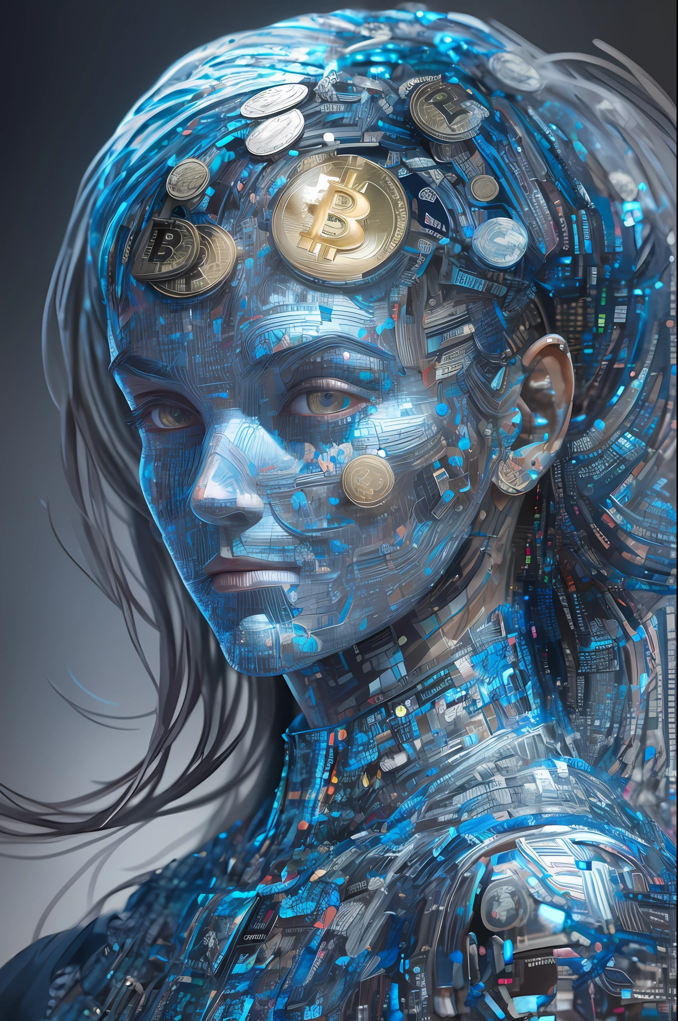 A human body made entirely of his digital Bitcoin work, high threshold for detail, high performance model, strong lighting, accurate and realistic shades, realistic texture and texture details, multi-digital color overlap, shiny glow, attractive and dazzling phenomenon, realistic gestures and kinetic details.