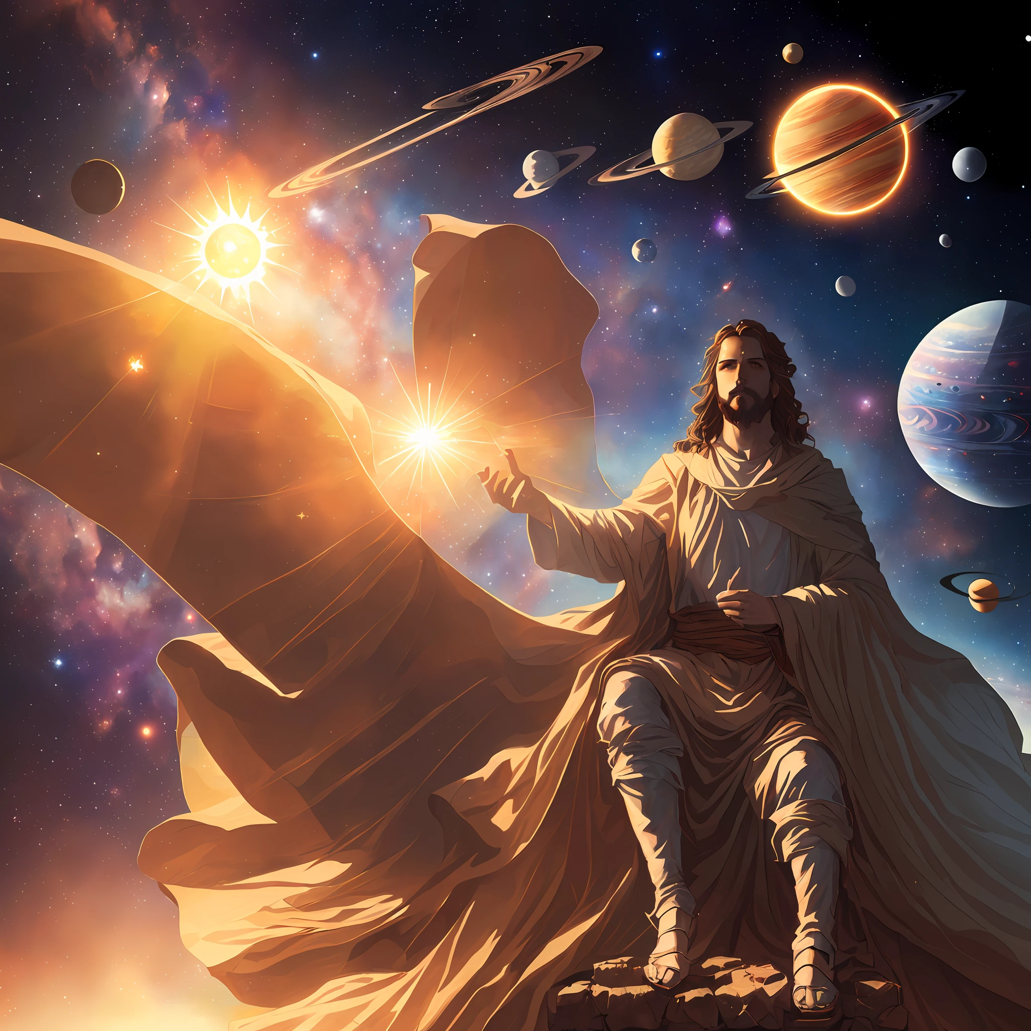 Jesus Christ sitting on the throne, (((("background space, stars, planets, sun"))), masterpiece, best quality, high quality, 8k wallpaper, award-winning photography, HDR, bloom, chromatic aberration, photorealistic, extremely detailed, intricate, high detail, dramatic, art in the middle of the journey, volumetric lighting, art by artgerm and ruan jia and greg rutkowski surreal painting (masterpiece, side lighting, beautiful finely detailed eyes: 1.2), HDR, 8K, God Ray