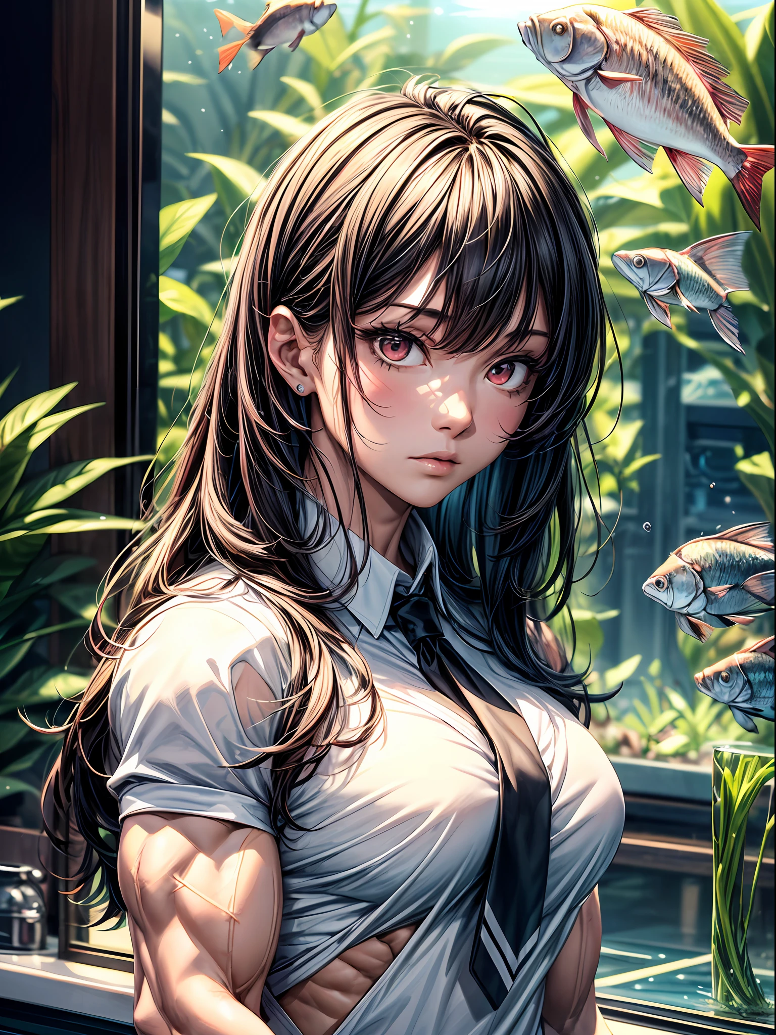 (best lighting) , (super-complex details) , 4K unified, (super-detailed CG: 1.2) , (8K: 1.2),(original), (masterpiece) , (best quality),(Masterpiece:1.4),Anime-ish high quality,(masterpiece),masterpiece, best quality, absurdres,((Masterpeace, 4k, 8k, highres)),(masterpiece), (best quality), (ultra-detailed), (an extremely delicate and beautiful), ((cowboy shot)), 1 woman, Yoru, beautiful face, detailed face, red eyes, scar on the cheek, long hair, black hair, school uniform, white shirt, black tie, dynamic pose, looking at viewer, on a aquarium, fish tank behind her, algae, marine life, blurred bottom, female focus, depth of field, full HD, high definition, high resolution
, ((body builder:1.5)),temple background,(beautiful bace),(girl),(female),(((upper body:1))),from front