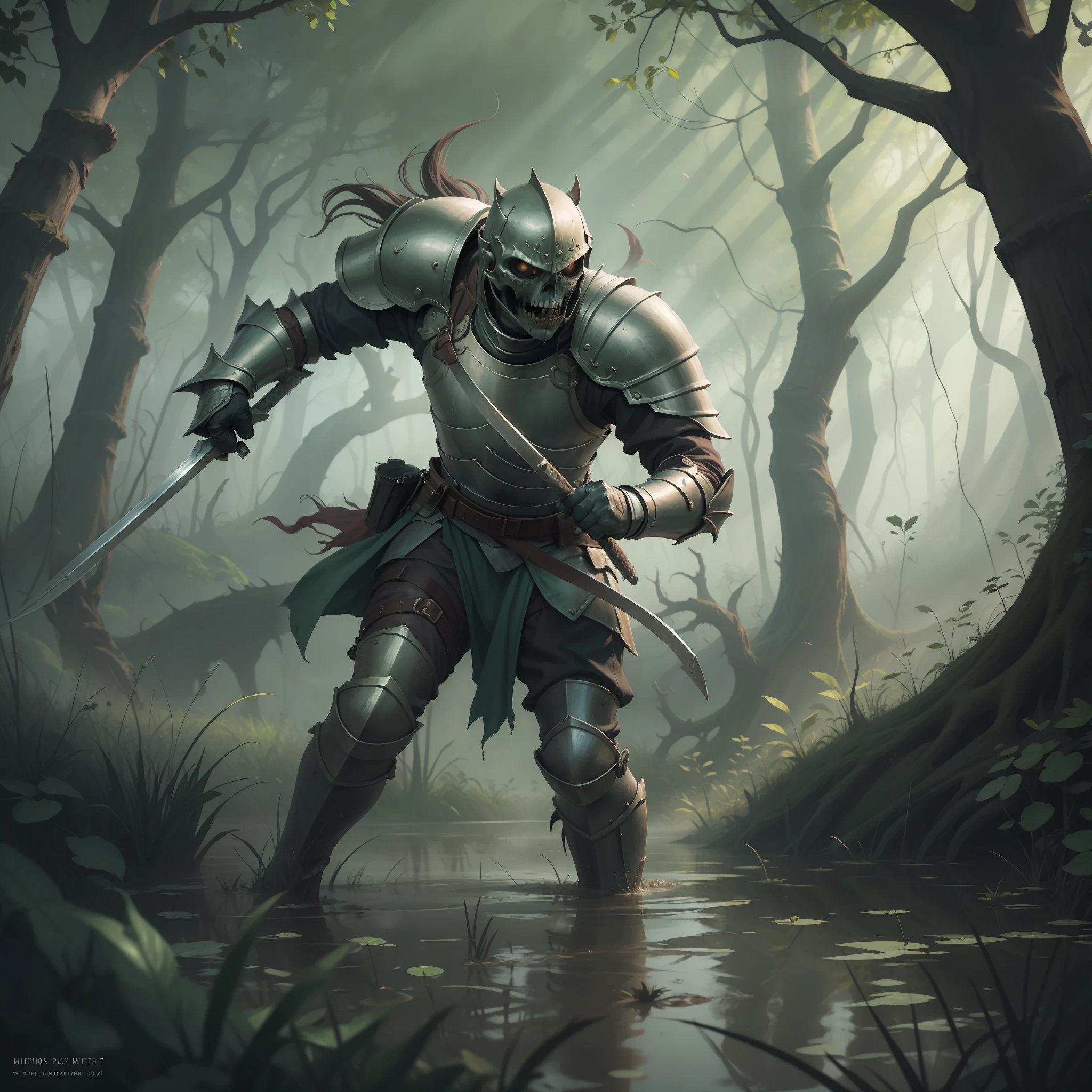 A knight fighting several undead in the middle of a swamp, surrounded by a green fog