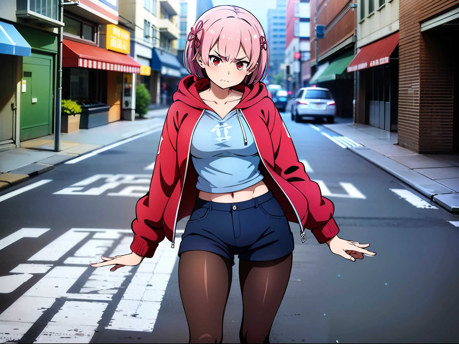 masterpiece, rem rezero, pink hair, red eyes, detailed eyes, angry face, red jacket hoodie, blue shirt, dark shorts, pantyhose, casual oufit, middle of the street, legs apart, open hand towards the viewer, action pose, prepared for a fight