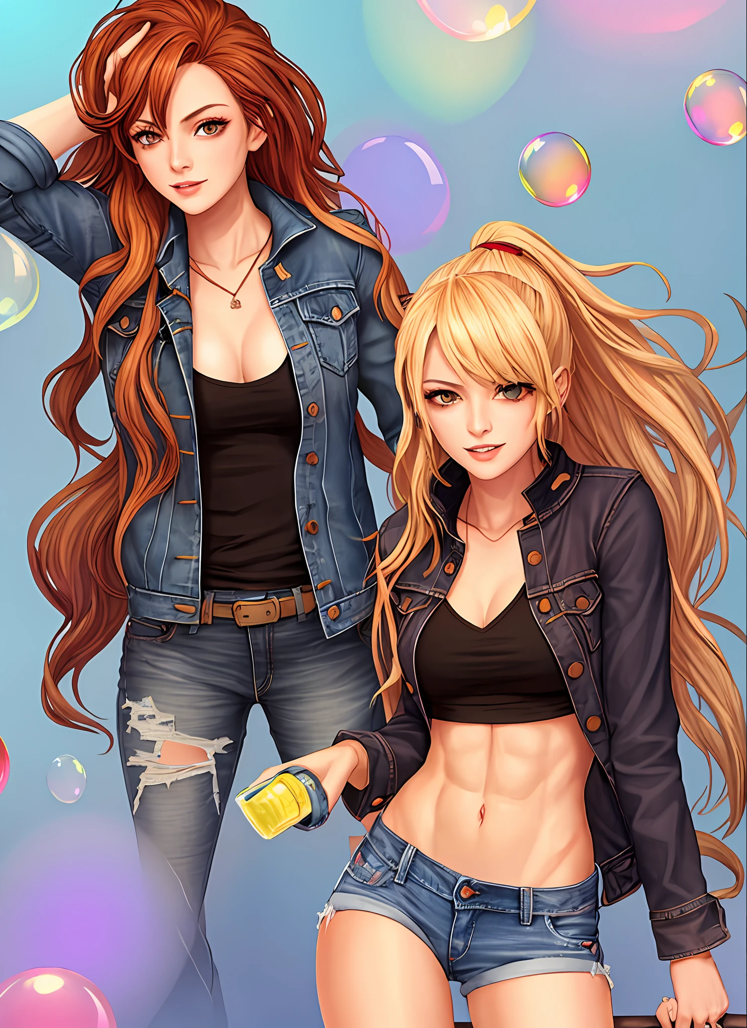 drunken beautiful woman 1girl as delirium from sandman, (hallucinating colorful soap bubbles),
abs, fit, thin, wearing No shirt jean jacket and jean shorts, tank girl, high detailed, 8k
