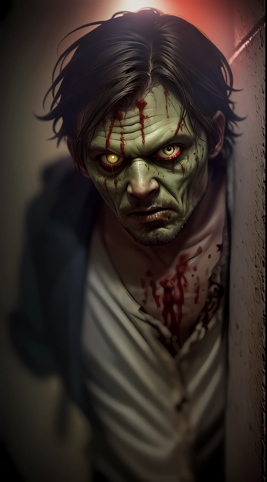 The virus finally begins, consuming the man's face, zombie eyes, zombie closeup, torn clothes, stained with blood, running towards the viewer, the narrow and creepy corridor in the background, volumetric lighting, real life, wide angle, very detailed, low contrast, horror, Johnny Deeper