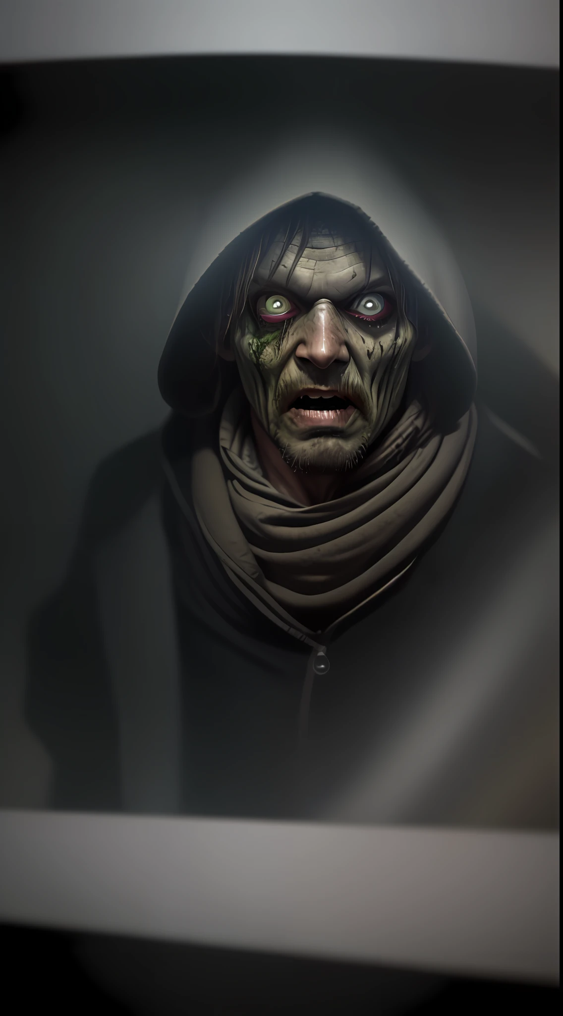The virus finally begins, consuming the man's face, zombie eyes, zombie closeup, torn clothes, stained with blood, running towards the viewer, the narrow and creepy corridor in the background, volumetric lighting, real life, wide angle, very detailed, low contrast, horror, Johnny Deeper