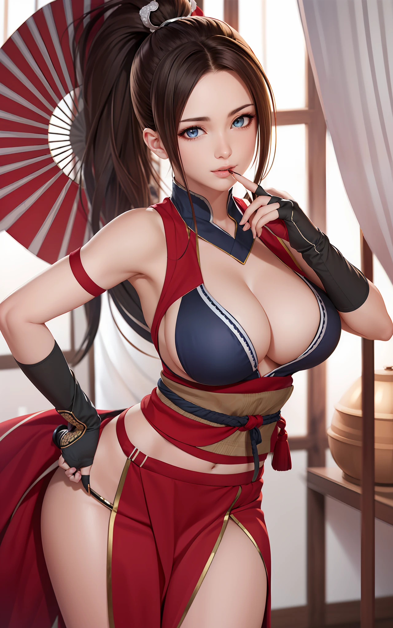 masterpiece, best quality, (realistic, 1girl, solo, beautiful face, detailed face, beautiful eyes), (large breasts), thighs, long hair,  ponytail, breasts contains, red, shinobi, ninja, bare shoulder, elbow gloves, skirt curtain, hand fan, fans