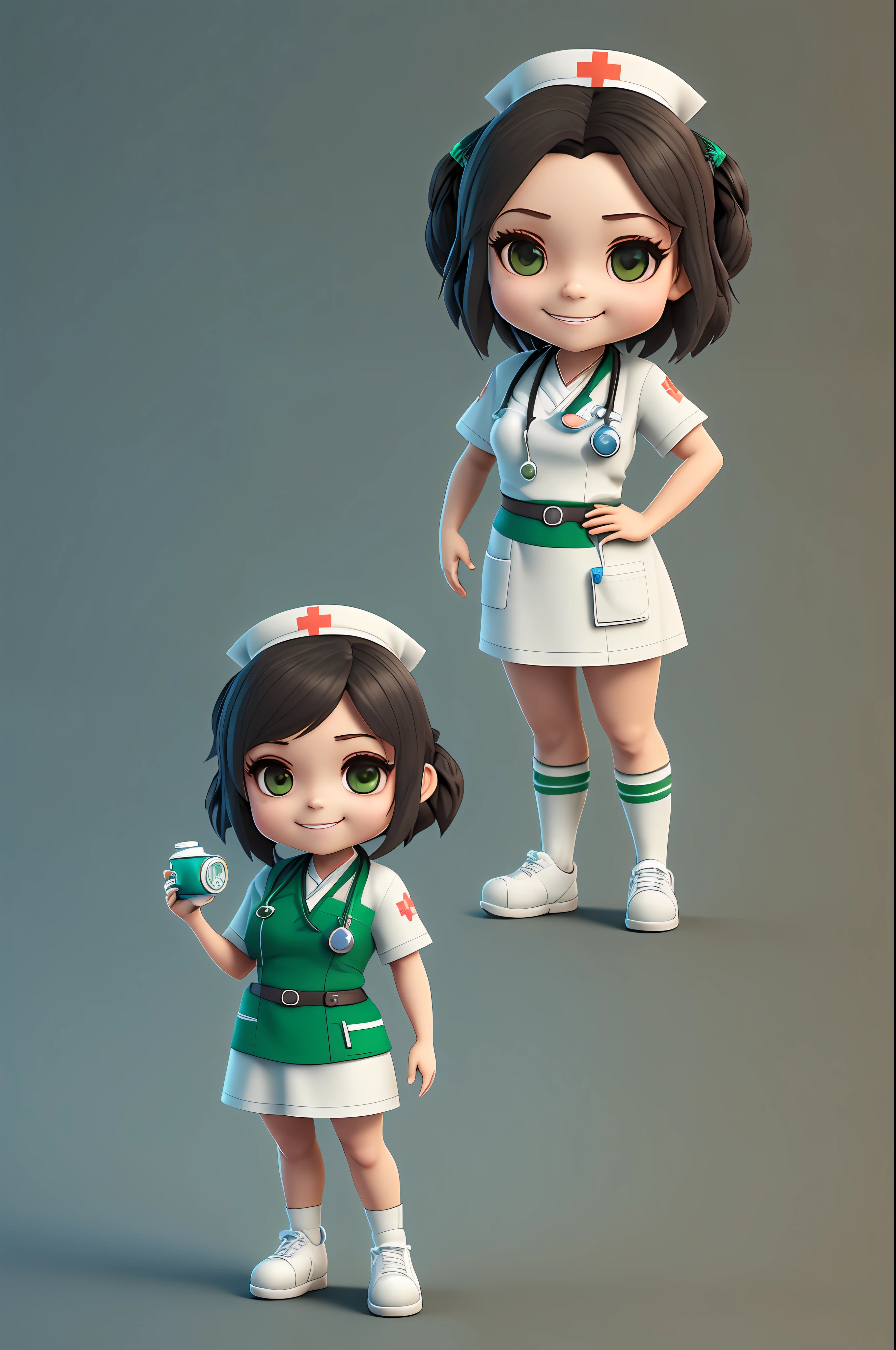 A 3D image of a nurse, full body, standing, beautiful smiling face, brown eyes, long black hair, wearing a white nurse uniform with small green details in a chibi and Disney style, with blurry black background, detailed, ultra high definition, 8K, in the style of Quixel Megascans, 3D Scan Store and Epic Games