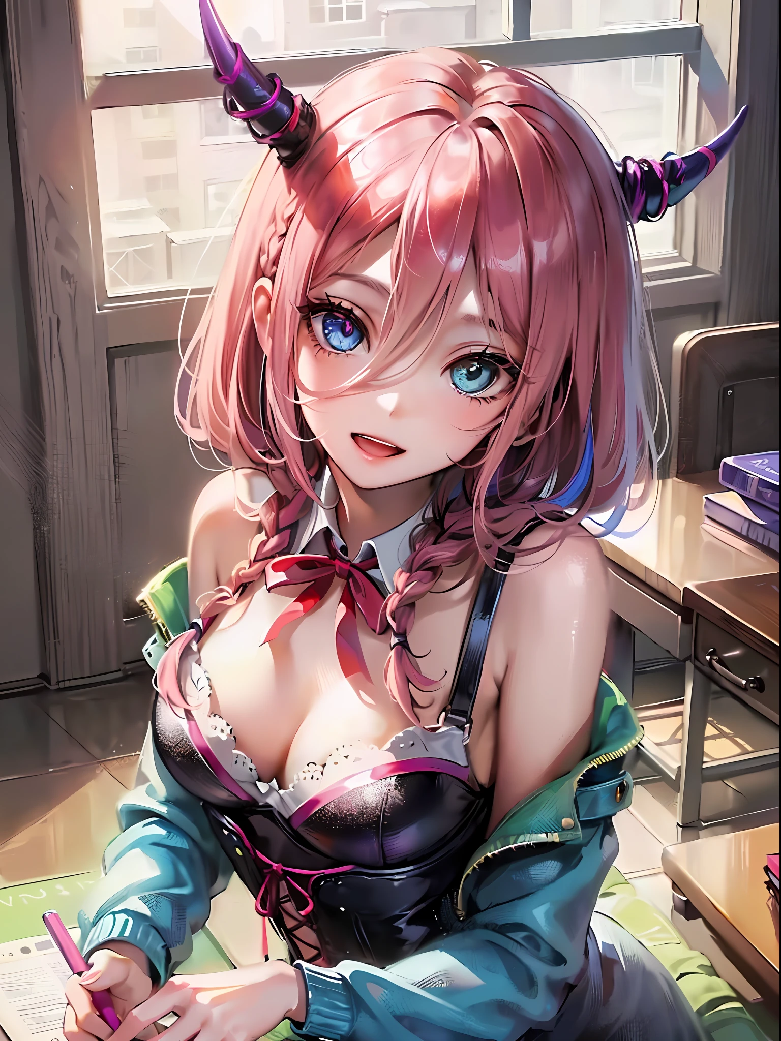 Anime illustrations in the style of "Kyoto Animation", highest quality, (cute: 1.1), (cute), (high resolution: 1.2), incredibly ridiculous: 1.3, incredibly fine illustrations, break 1 beautiful girl, Solo,Small Horns, Short Hair, Big Eyes, Ω, Closed Mouth, Colorful Bold Corset Mini Dress:1.5,D Couple,Cleavage:1.5,Cute Bikini,String Buns,(Pink Kawaii Room),(Pink Gothic Room),(Messy Room, Marchen,Ribbon,Star Item,Small Window, (heterochromia, light blue eyes and light green eyes),silhouette of star eyes, solo, standing figure, happy, :d, princess eyes, big breasts, break, braid, light pink hair, semi-long hair, red ribbon at the end of braid, sitting at desk, angle from the side, looking at pc, looking at iphone, office, worried