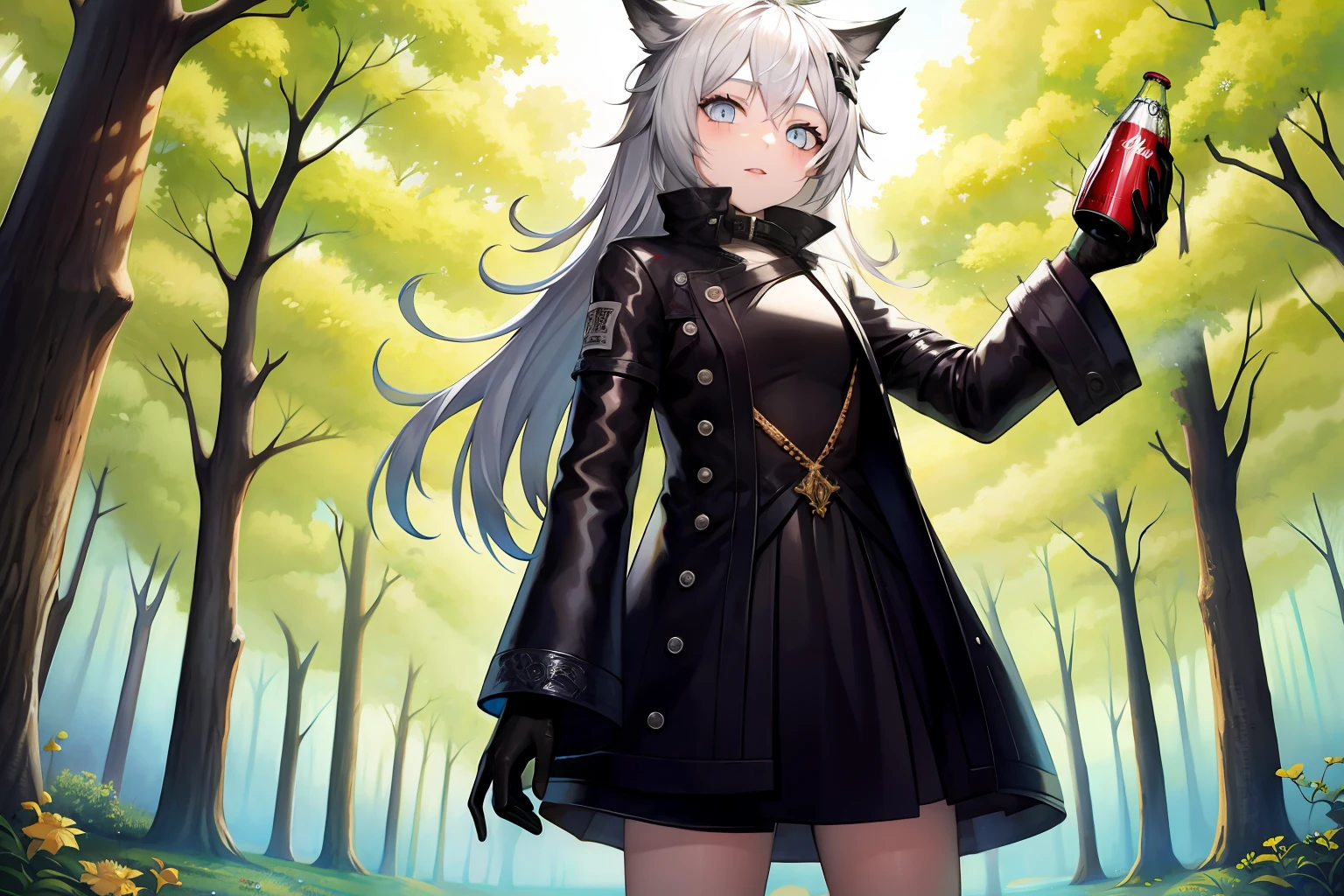 atuendos_originales, 1girl, cola_de_lobo, fondo_bosque_sencillo