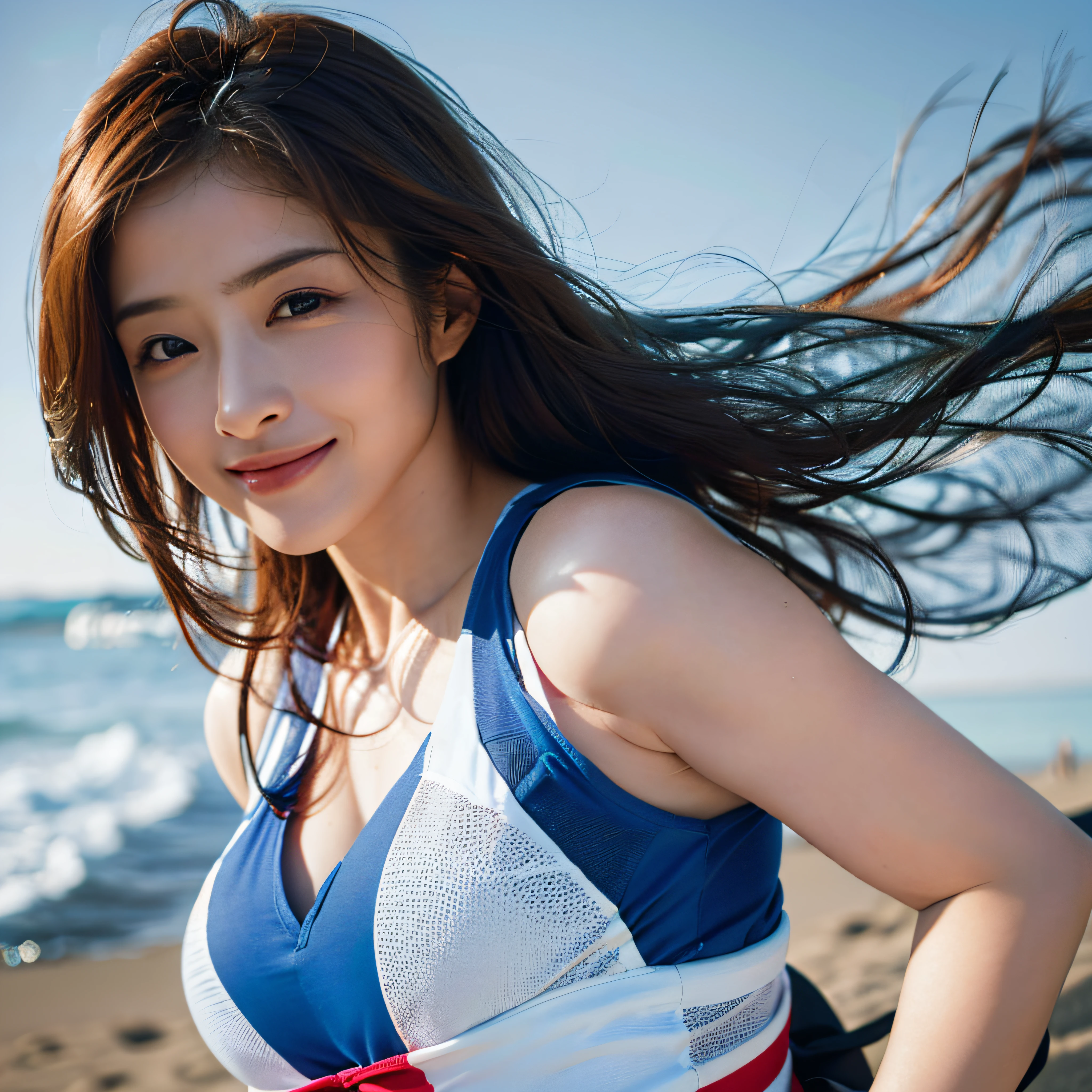 (8k, RAW photo, top quality, masterpiece: 1.2), (realistic, photorealistic: 1.37), ultra detail, ultra high resolution, one woman, looking, C-cup, beautiful detailed face, smile, constriction, (slim waist): 1.3), playing volleyball on the sand, upper body angle, beautiful detailed skin, skin texture, floating hair, professional lighting,
