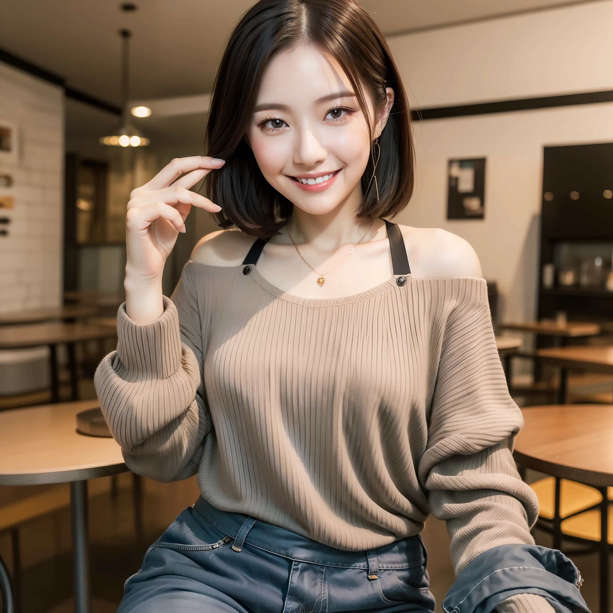 18 year old girl with perfect face and big breasts, cute clothes, slim and slender physique. The skin has detailed and highly detailed eyes (1.1 emphasis), very detailed skin texture (1.1 emphasis). slender necklace, model photo style, photorealistic, skin texture is real human skin texture, detailed skin pores, intricate details, eyes very detailed, knee up, attractive sexy chibi, smile, happy smile, eating parfait in café, sitting, dark blue high neck knit sweater, black long pants, café, sweets --s2