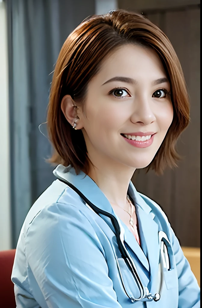 Masterpiece, high quality photo (realistic, photorealistic: 1.37), blonde hair, short fringe hair, brown eyes, female doctor, 28 years old, pink lips, light blue uniform, sitting in front of a desk in the hospital, wearing a stethoscope on his neck, reassuring smile, innocence, 100mm lens, (photorealistic), looking at the viewer, as a doctor, (complex details: 1.2), (masterpiece, : 1.3) ), (Best Quality: 1.4), (Ultra High Definition: 1.2), Ultra High Definition, (Detailed Eyes), (Detailed Facial Features), HDR, 8k Resolution, (Stethoscope), Far View, Floor Reflection, (Lens Flare: 1.4)