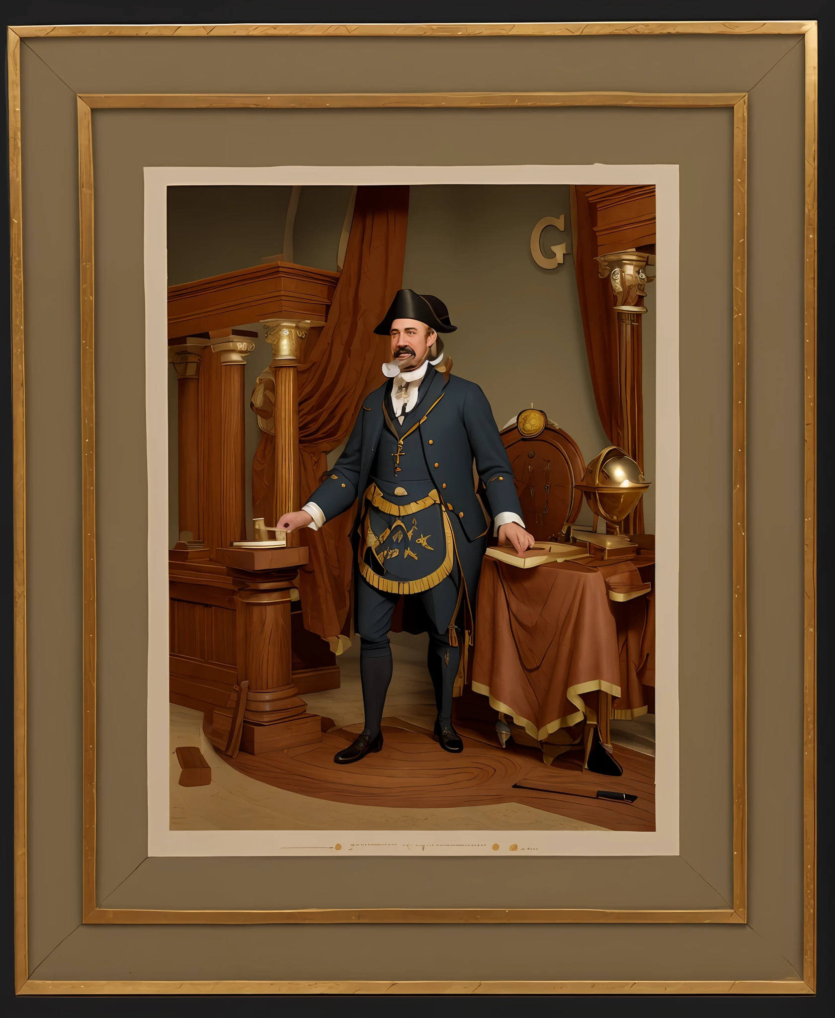 A photographic style character turnaround of a an 1800's english freemason with a masonic apron . masonic regalia, mustache, grin, highly detailed face. Multiple views of the same character in the same outfit, (15Charturn_longCap_D: .5), art by smoose2, ANALOG STYLE, MODELSHOOT STYLE, NSFW, NUDITY