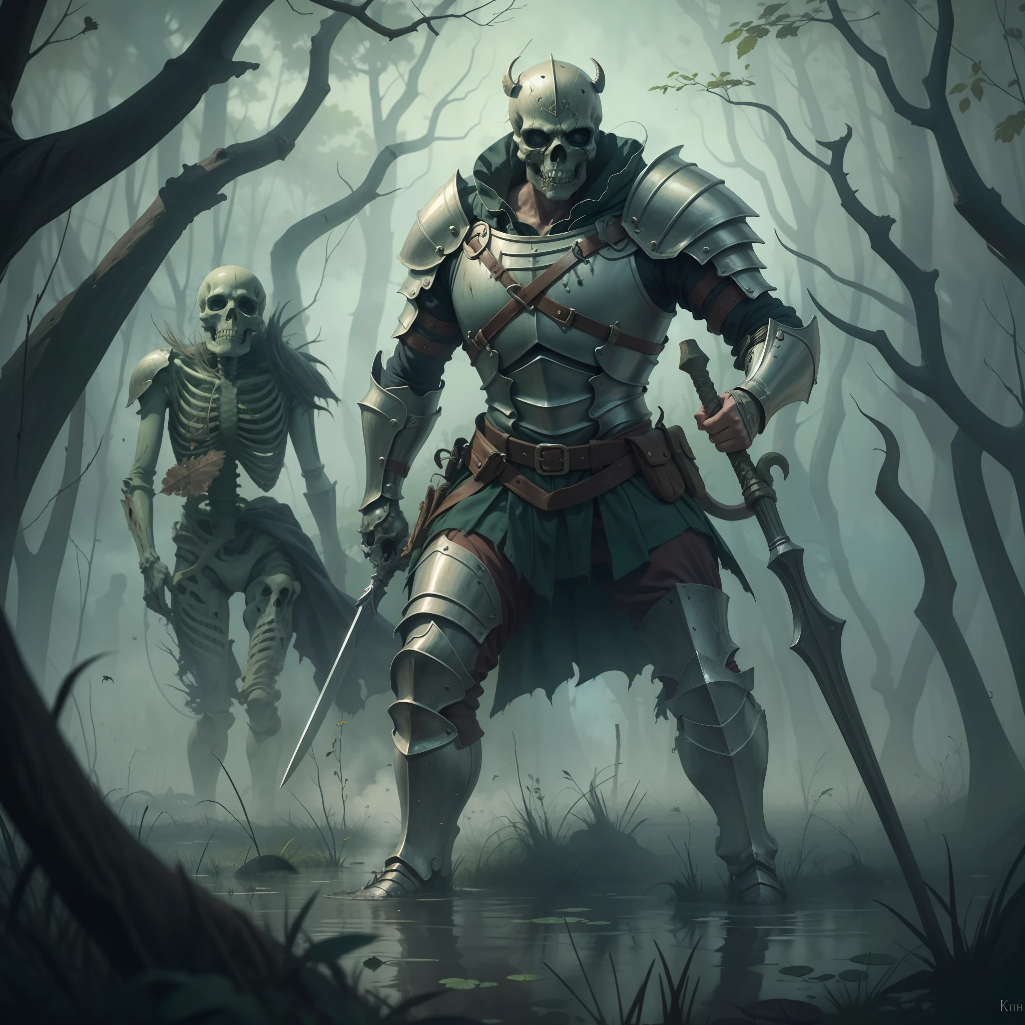 A medieval knight fighting several undead and skeletons in the middle of a swamp, surrounded by a green fog