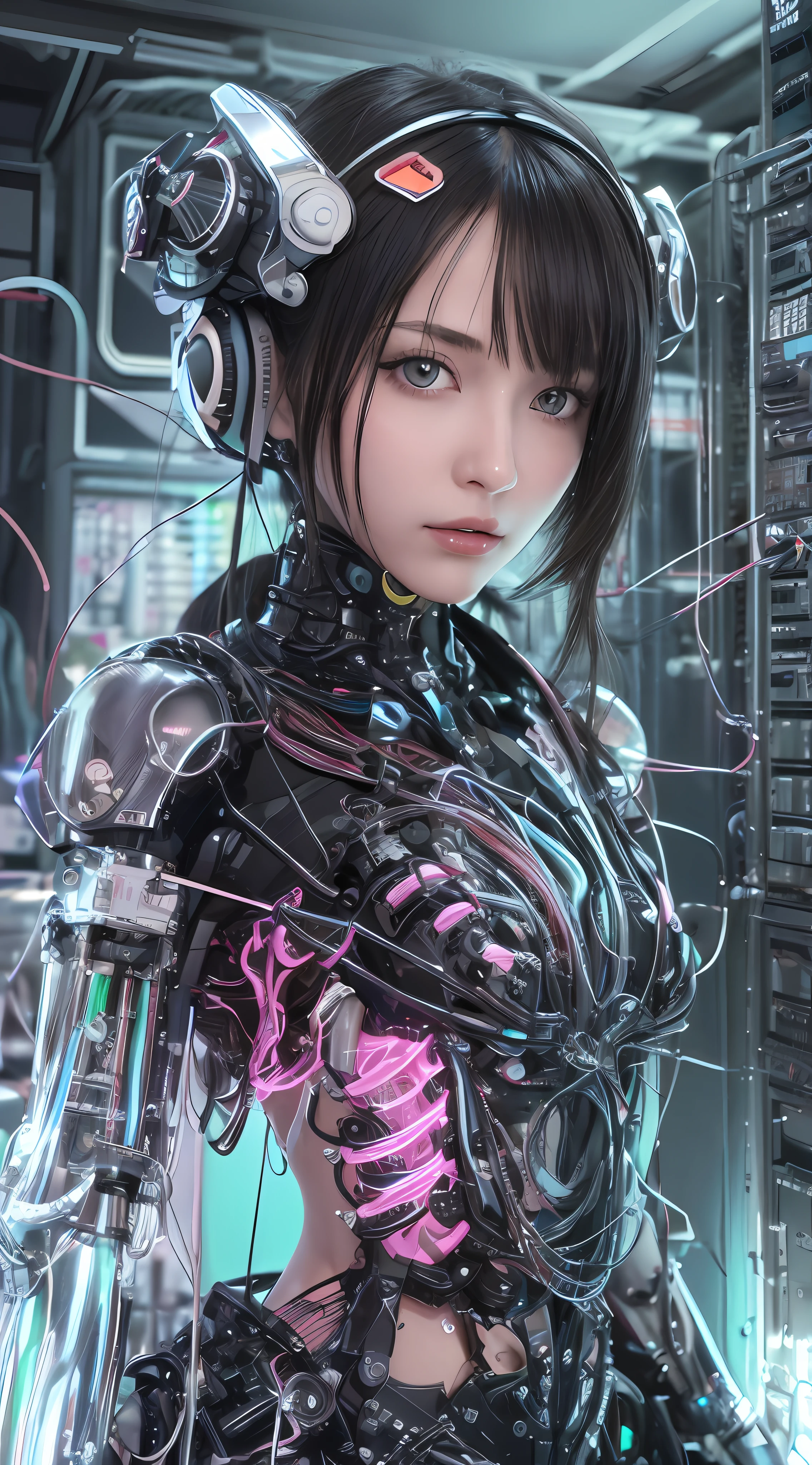 (Masterpiece, Best Quality, Beautiful Girl, Pretty Face:1.2), Solo, 8K,Raw Photo, Incredible Absurdity, Crop Top, View Viewer, , Face Light, Film Grain, Chromatic Aberration, Sharp Focus, Dynamic Lighting, Movie Lighting, Best Quality, Masterpiece, Ultra High Definition, (Photorealistic: 1.4), Raw Photo, 1 Girl, Black Hair, Glossy Skin, 1 Cyberpunk Girl, (((Ultra Realistic Details)), Portrait, Global Illumination, Shadows, Octane Rendering, 8K, Ultra Sharp, Glossy Skin, Realistic Skin, Big, Cleavage Exposed Raw Skin, Metal, Intricate Ornament Details, Evangelion Details, Very Intricate Details, Realistic Light, CGSoation Trends, purple eyes, glowing eyes, facing the camera, neon details, mechanical limbs, blood vessels connected to tubes, mechanical vertebrae attached to the back, mechanical cervical attachment to the neck, sitting, wires and cables connecting to the head, electronic board, digital circuits, CPU, lots of small LED lamps, the background is a futuristic server room,