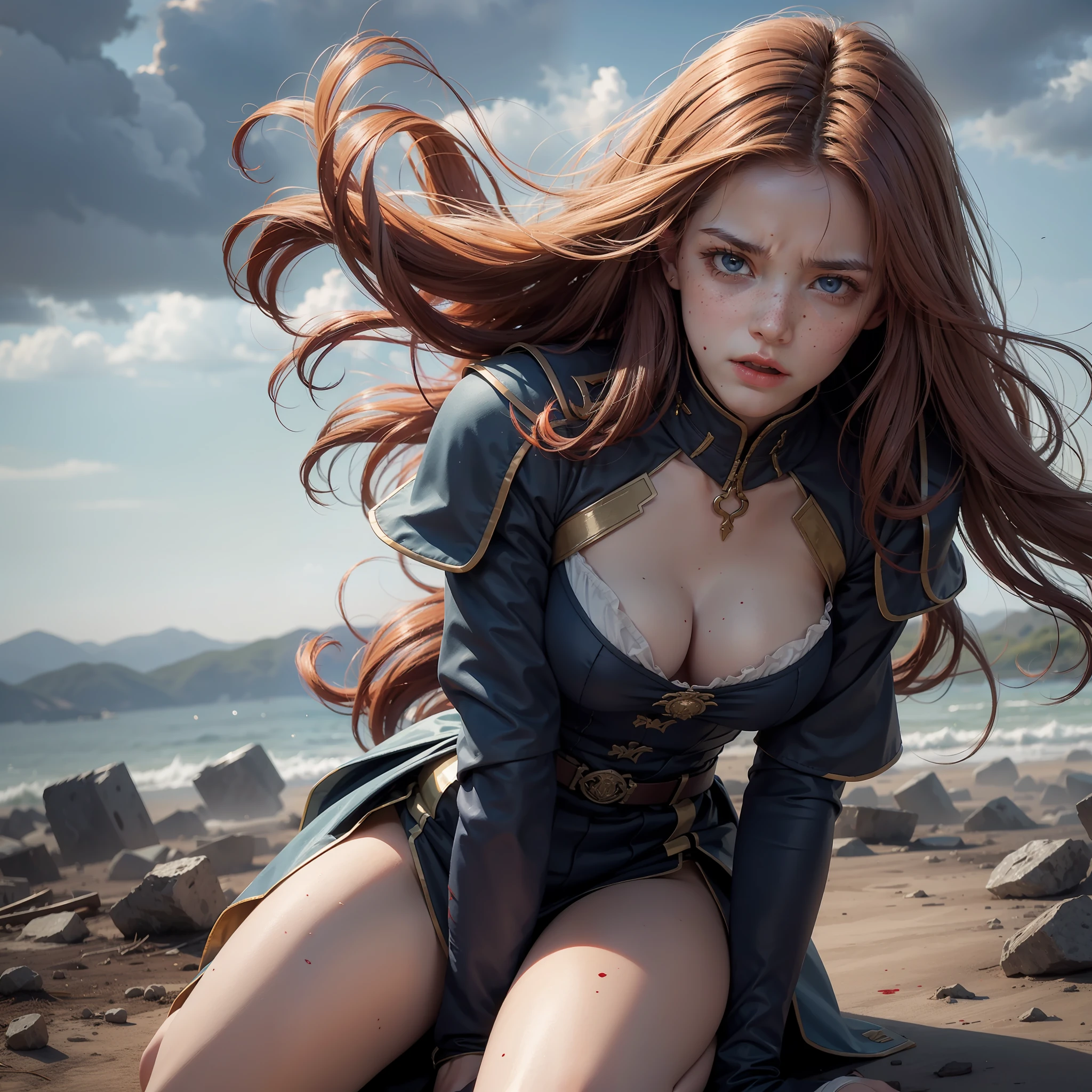 Ultra detailed, wide scene, scenery in the middle of a war between gods, a woman, light red hair, long wavy hair, messy hair, detailed eyes, darkblue eyes, clothing (Greek soldier armor), kneeling, tears of blood falling from her eyes, blood everywhere, freckles, realistic face, porcelain skin, closed mouth, flowing hair, wind, storm, expression of pain