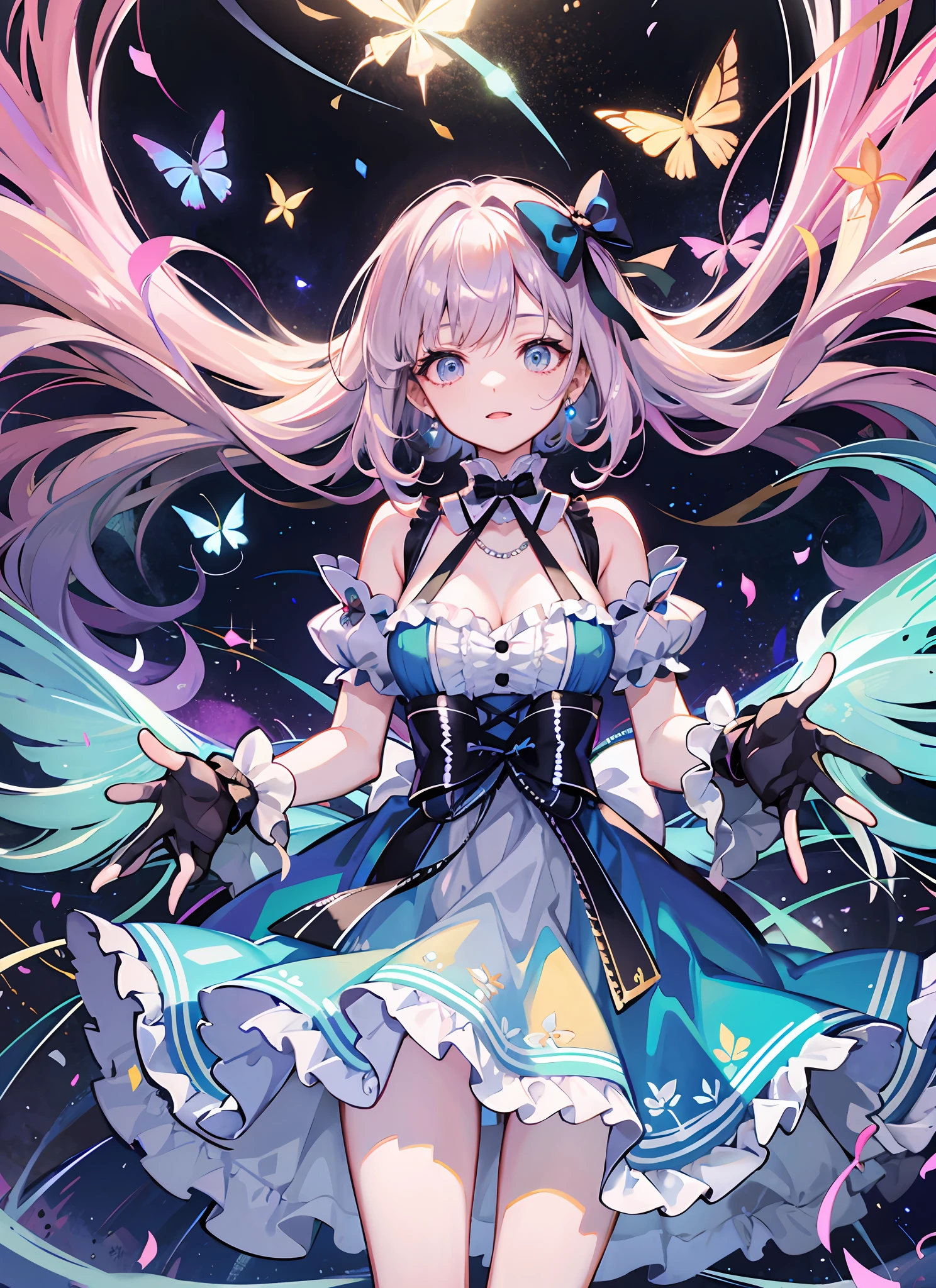 Super gorgeous, extreme multiplication, shiny crystal, cinematic lighting, curly hair, Roman curls, frills, misty, Alice in wonderland, dramatic composition, extreme detail, high resolution, lolita dress, bow, pearl necklace, lace gloves, bow, ribbon, floating, levitating, fly, misty, starry, dreamy, transparent fabric, layered yarn, transparent gauze skirt