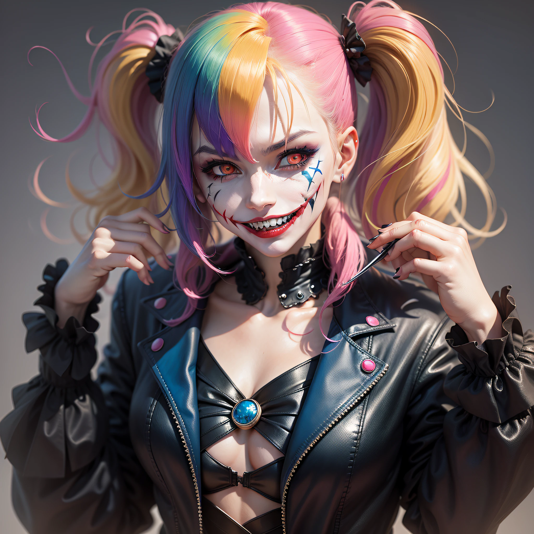 Dark joker woman, sorting sharp teeth, red eyes black outfit, blonde hair with pink and blue tips