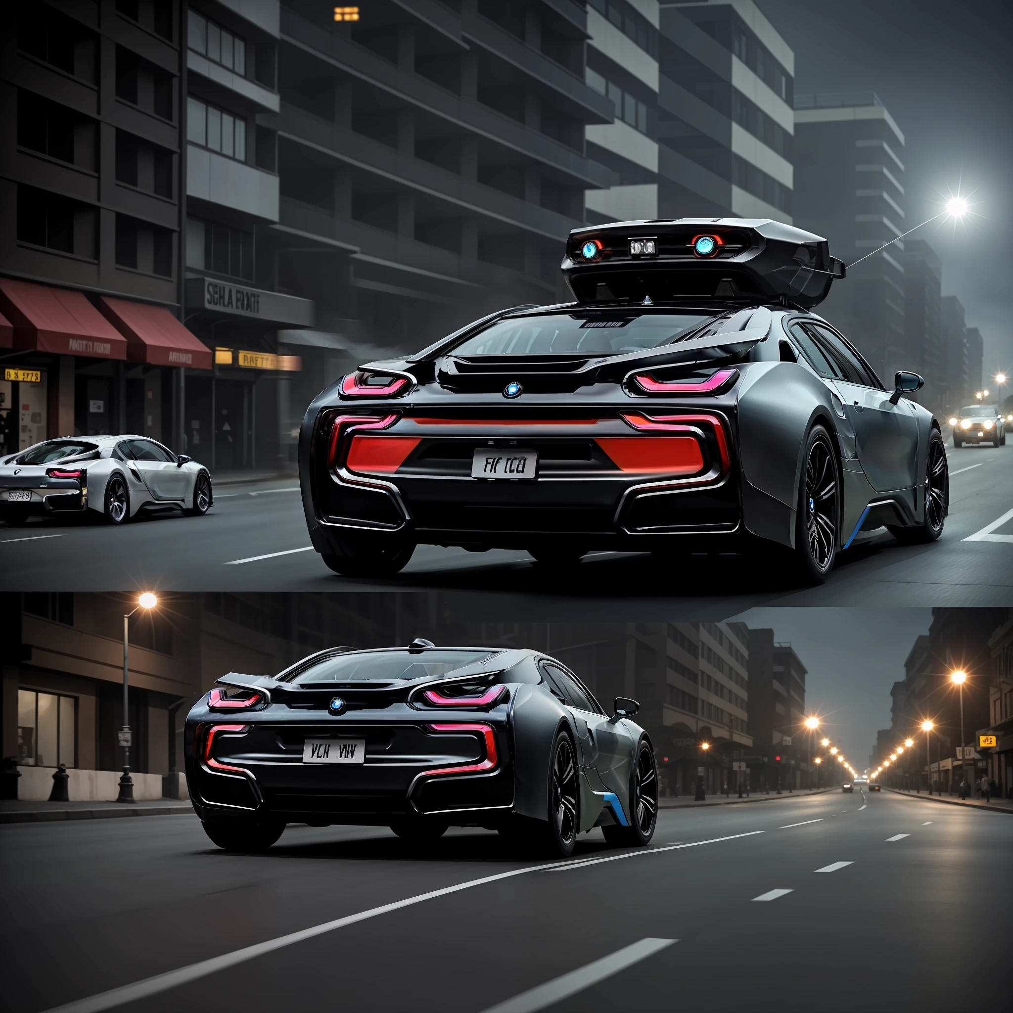a bmw i8 driving like the time machine from the movie back to the future, flying over a city at night 10 meters above the ground with headlights on.