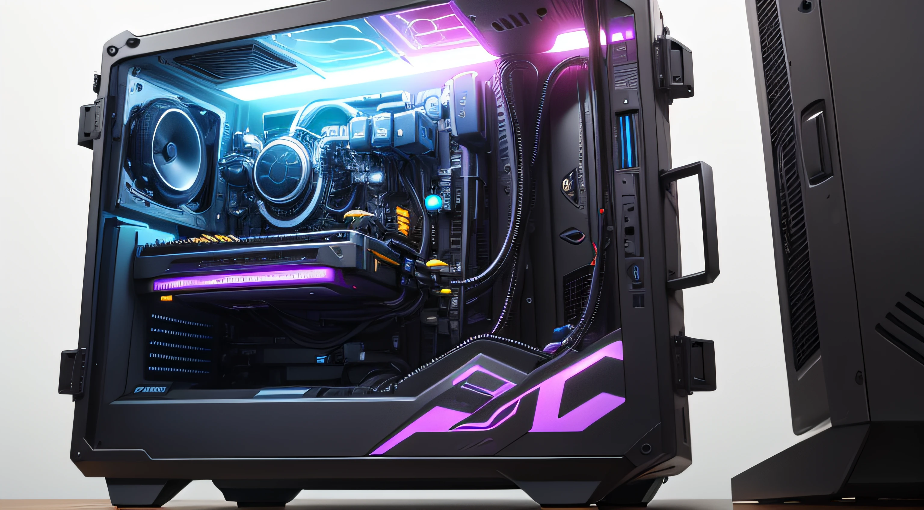 "Visualize an immersive display featuring an assortment of captivating computer cases. The scene zooms in to reveal a close-up view of these stylish enclosures, each one a unique masterpiece. The cases are expertly crafted with meticulous attention to detail, boasting sleek lines, elegant curves, and modern aesthetics. Their surfaces shimmer with a variety of captivating finishes, including glossy black, brushed aluminum, and vibrant metallic shades. The front panels of the cases are adorned with striking LED accents, which emanate a soft glow, adding a touch of sophistication and visual allure. As you explore further, you notice the spacious interiors of the cases, designed to accommodate high-performance components and provide ample room for customization. The cases feature strategically placed vents and mesh panels, ensuring efficient airflow and optimal cooling for the internal components. The cable management system is ingeniously designed, with neat and organized arrangements that keep the interior clutter-free and enhance the overall clean and streamlined look. From tempered glass side panels that provide a clear view of the stunning internal components to intuitive tool-less mechanisms that simplify installation and upgrades, every aspect of these cases is designed to impress. These remarkable computer cases are a fusion of form and function, offering both eye-catching aesthetics and practicality for modern PC enthusiasts."
