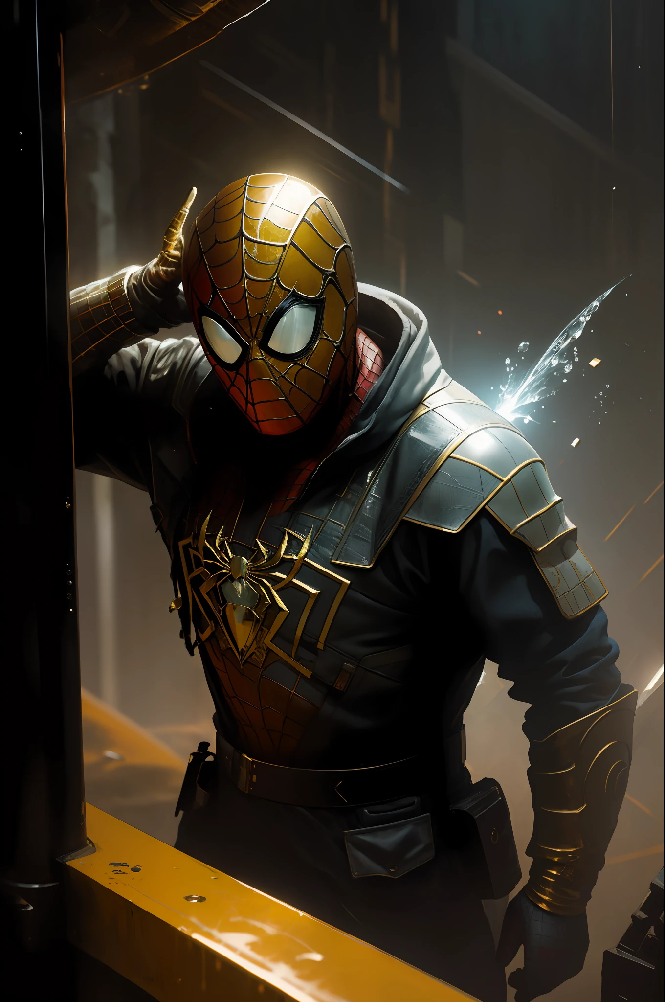 gold and white, spiderman, drip suit, heavy rain, magical, highly detailed, trending in artstation, unreal engine 4k, stanley artgerm lau cinematic wallpaper, wlop, rossdraws, james jean, andrei riabovitchev, marc simonetti, yoshitaka amano. james jean and gustav klimt background, julie bell light, 4k, porcelain skin, zdislaw beksinski style, detailed, 8k, dynamic lighting, white chromatic aberration, waterlogged