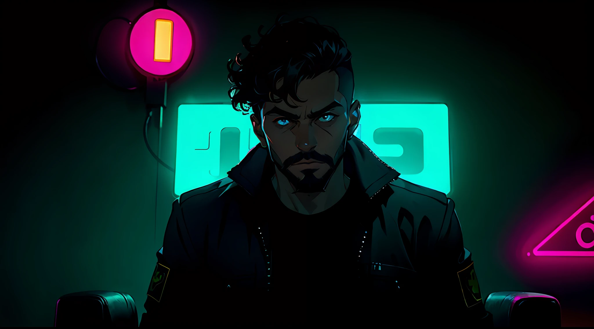 Man with black beard, solo, and curly hair, black hair, hair shaved sideways, sitting in an armchair, cyberpunk style, nightclub, neon lights, high quality, 8k, cinematic lighting.