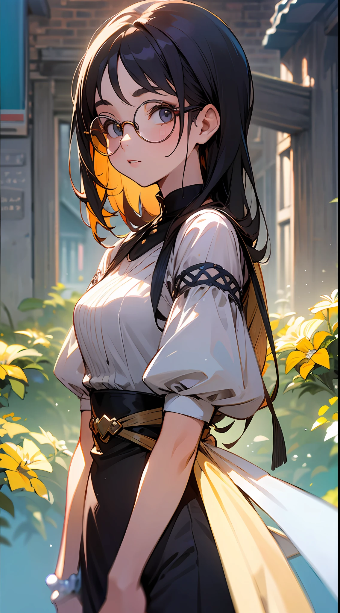 top quality, detail, 8K, 4K, high resolution, detail, beautiful round glasses woman, summer clothes, in the village, black hair,