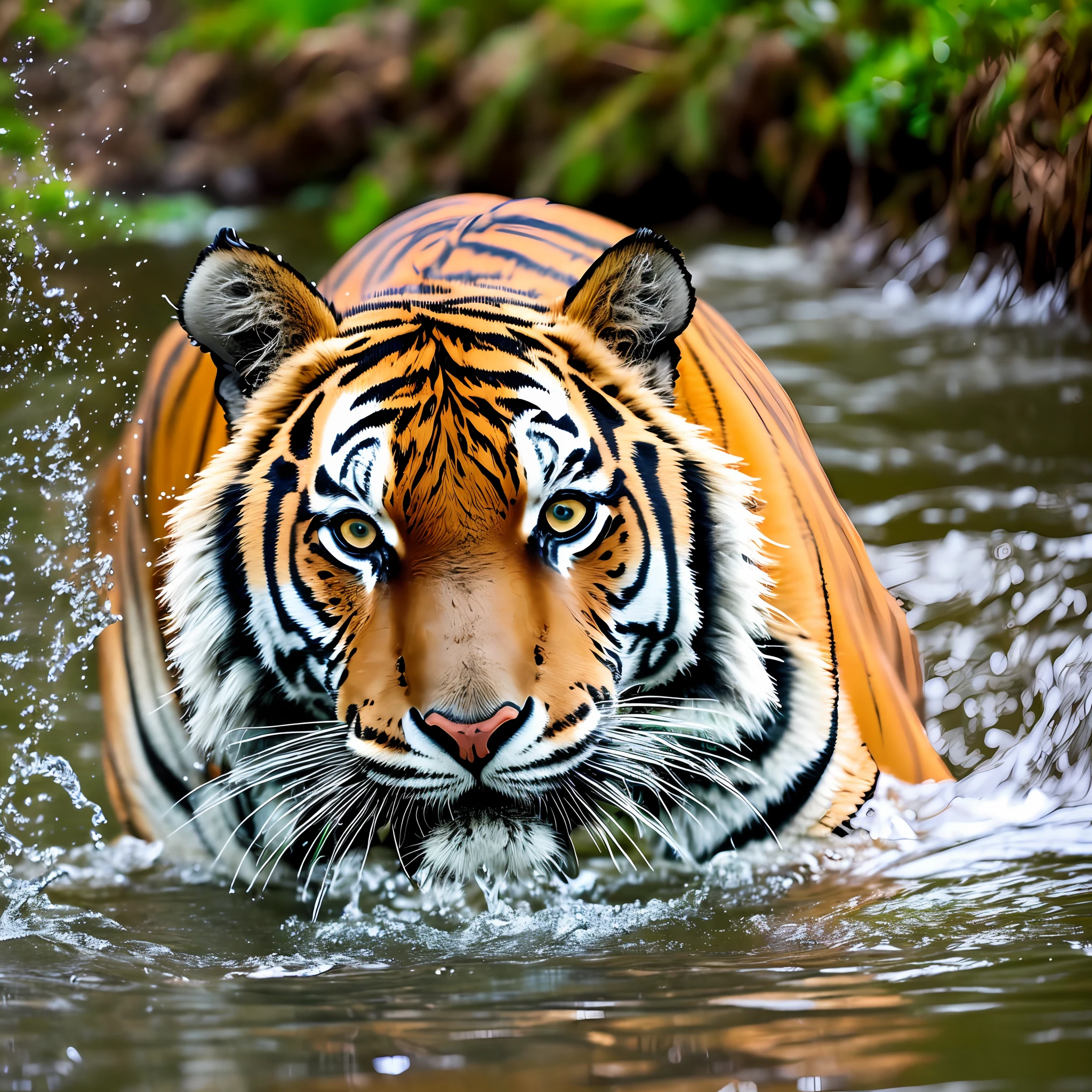 tiger in the river, in the water, 4k, 16:9, YouTube, 8k, uhd, iluminação baixa severa, alta qualidade, foco nitido, fujifilm XT3 --auto --s2