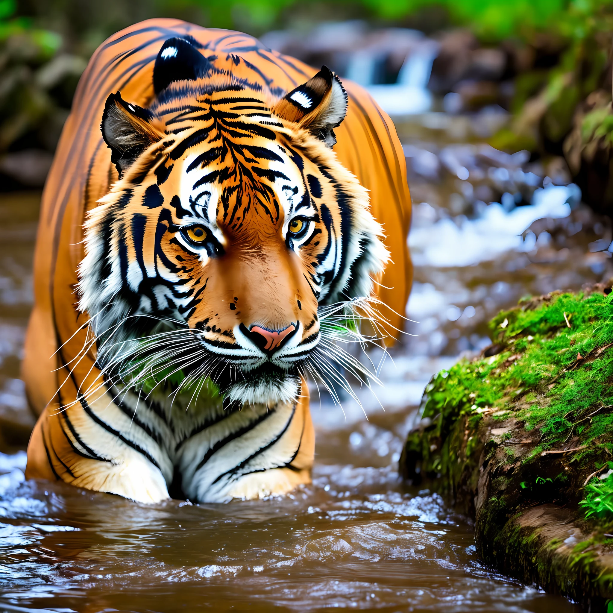 tiger in the river, in the water, 4k, 16:9, YouTube, 8k, uhd, iluminação baixa severa, alta qualidade, foco nitido, fujifilm XT3 --auto --s2